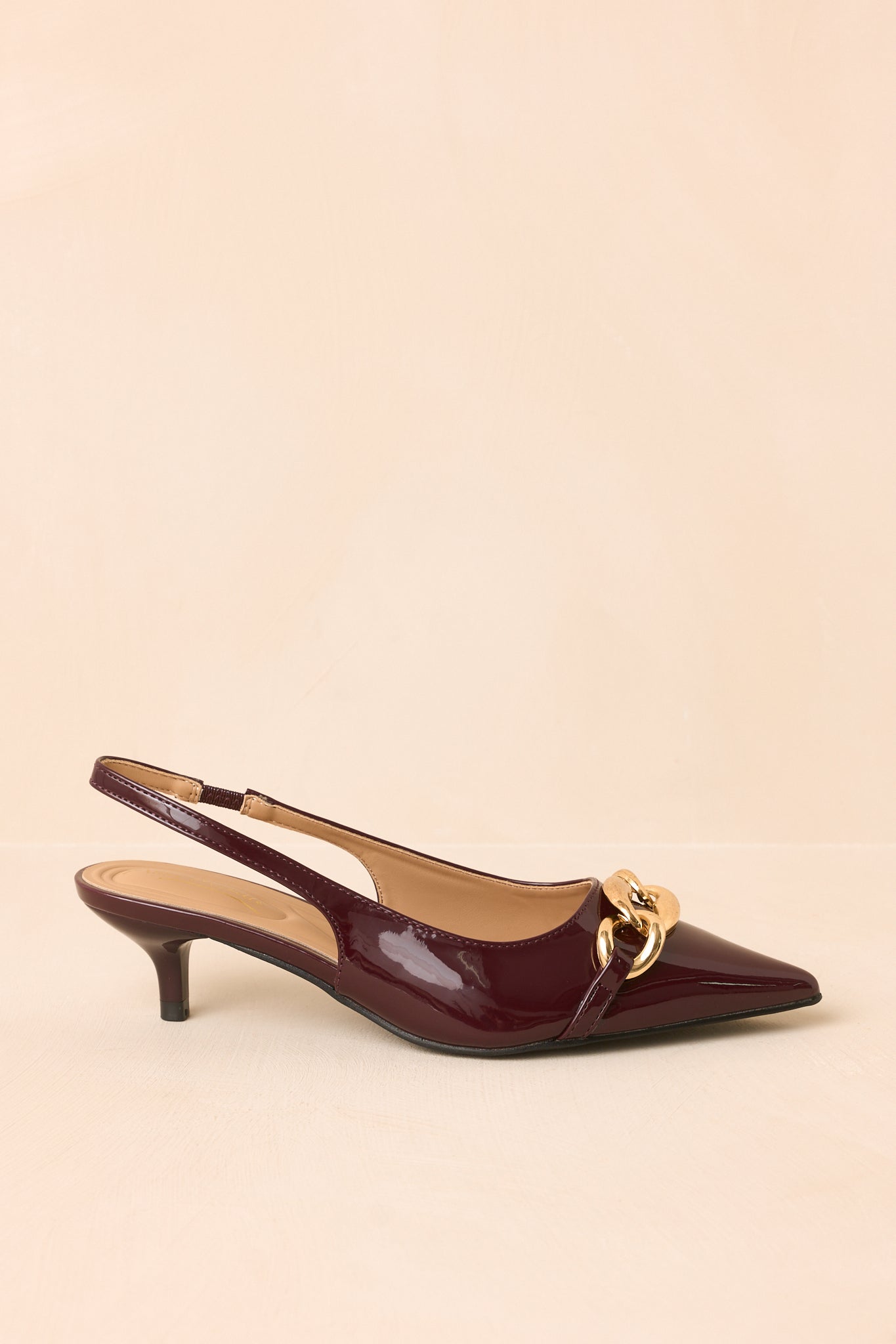 Chain of Events Plum Patent Gold Chain Slingback Kitten Heels
