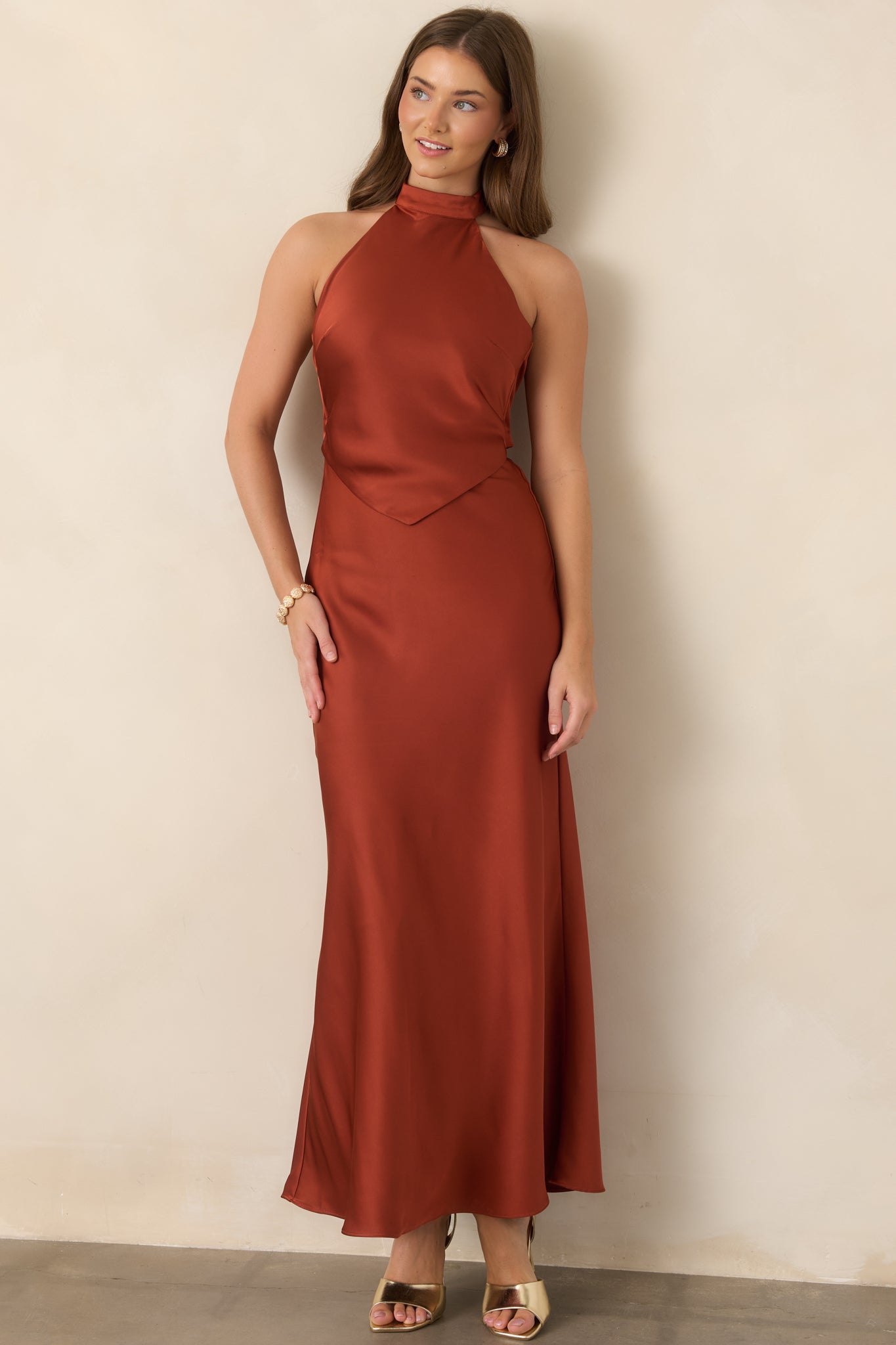 ASTR the Label Viridiana Sienna Satin Halter Maxi Dress