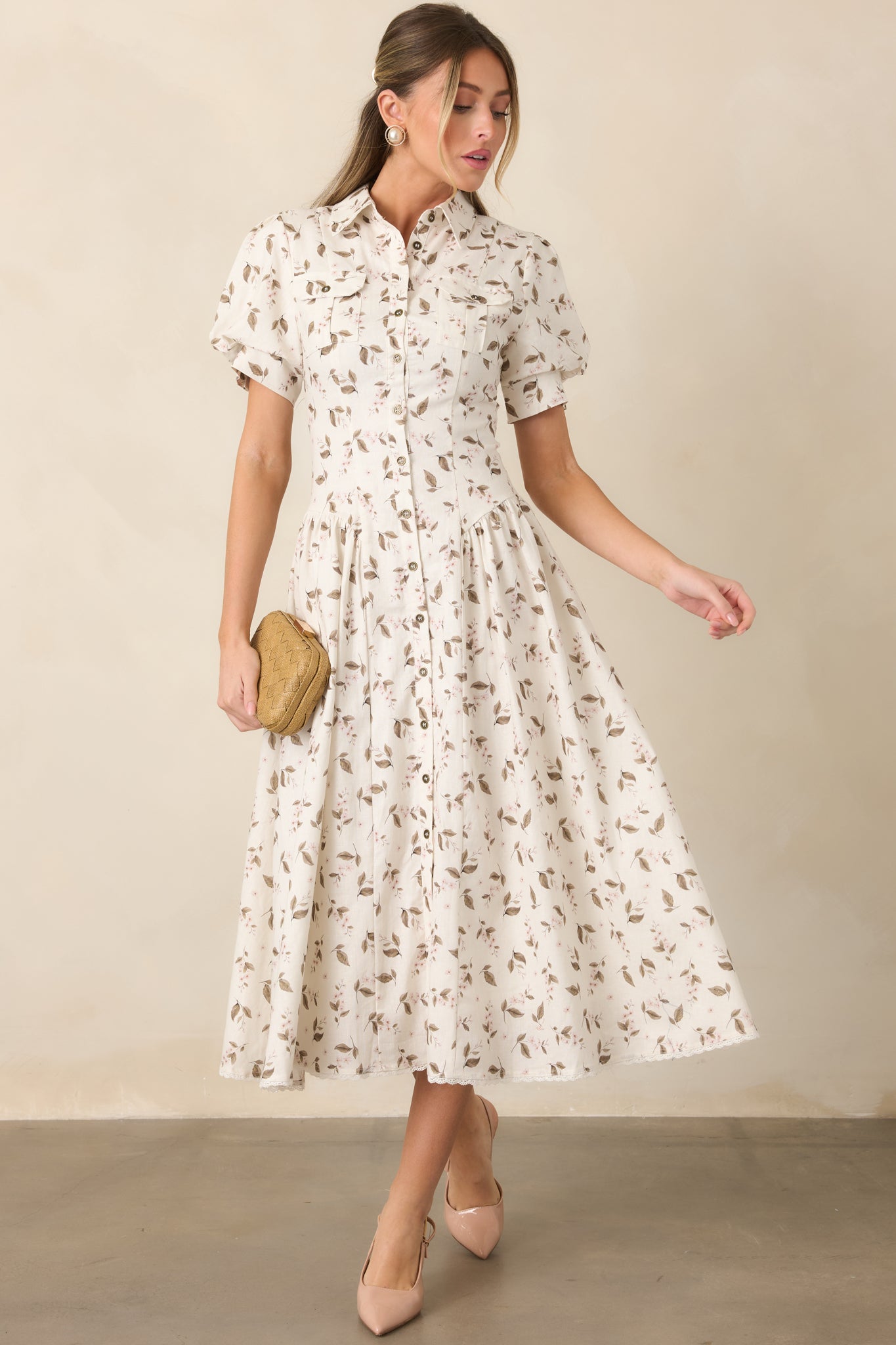 En Saison Hannah Ivory Floral Linen Blend Midi Shirt Dress