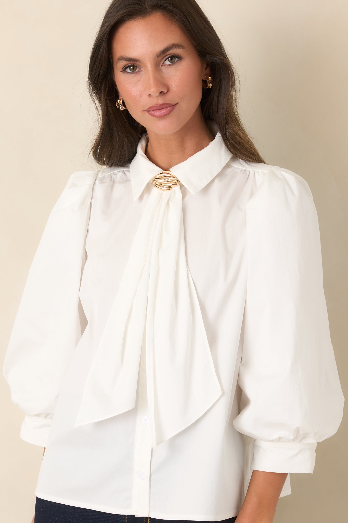 A Word of Advice Ivory Gold Accent Tie Neck Blouse