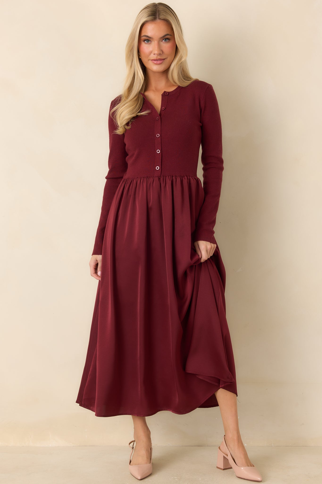 All Nicely Arranged Burgundy Knit Bodice Satin Midi Dress