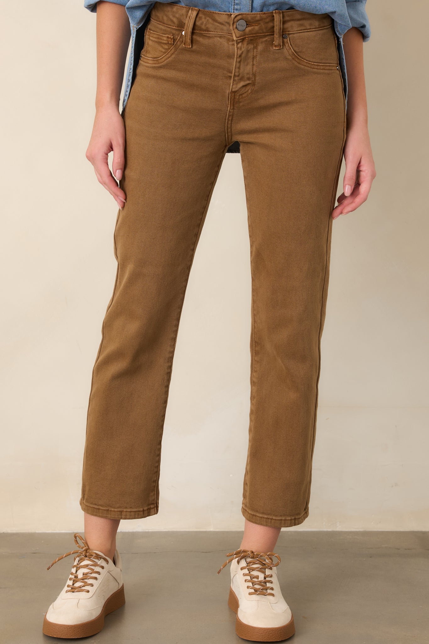 All My Life Camel Brown Cotton Mid Rise Straight Crop Jeans