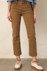 All My Life Camel Brown Cotton Mid Rise Straight Crop Jeans