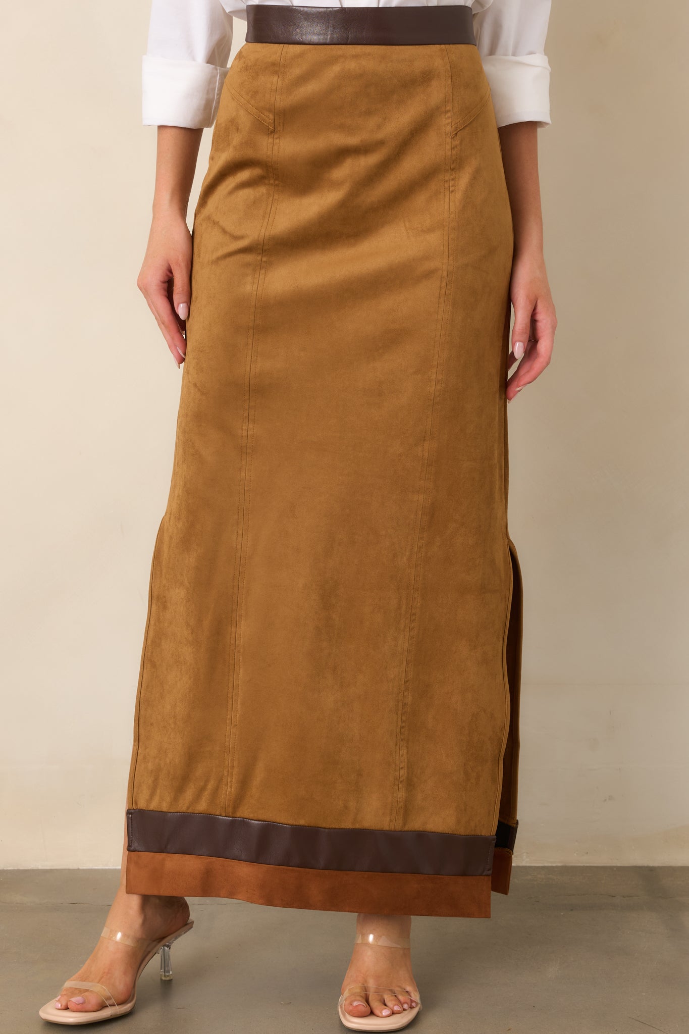 Anna Cate Cassie Camel Faux Suede Maxi Skirt