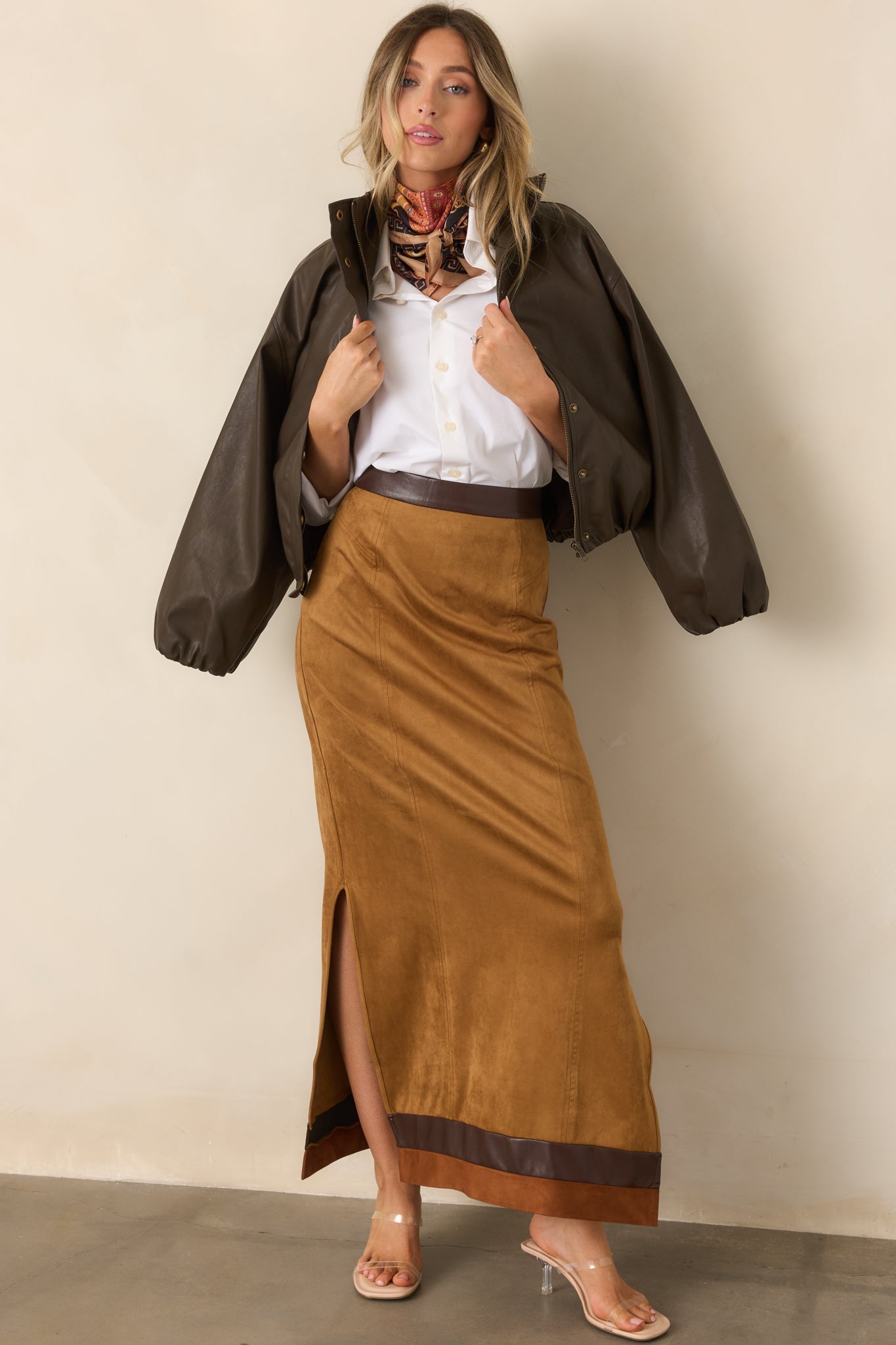 Anna Cate Cassie Camel Faux Suede Maxi Skirt