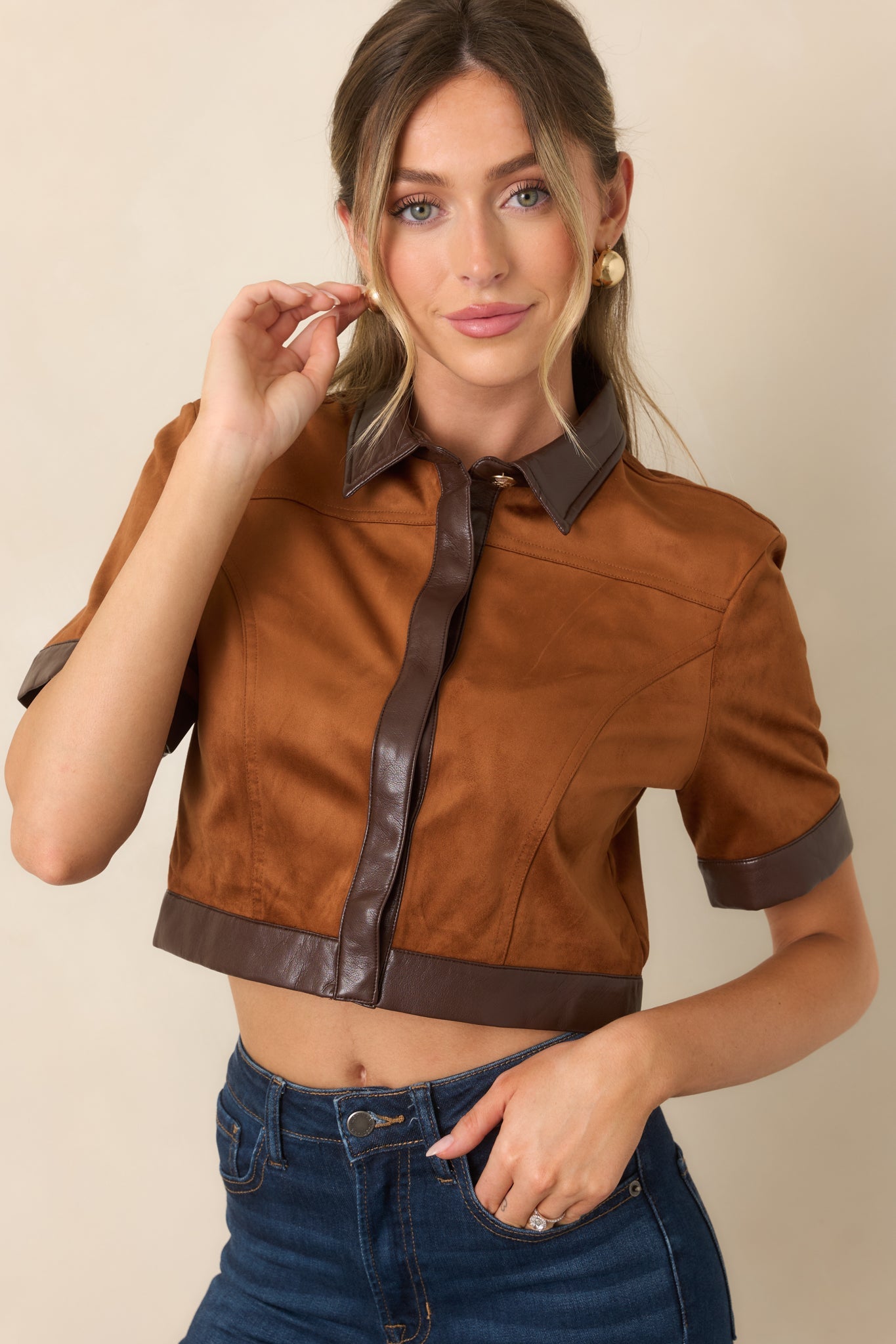 Anna Cate Boston Camel Faux Suede Cropped Top