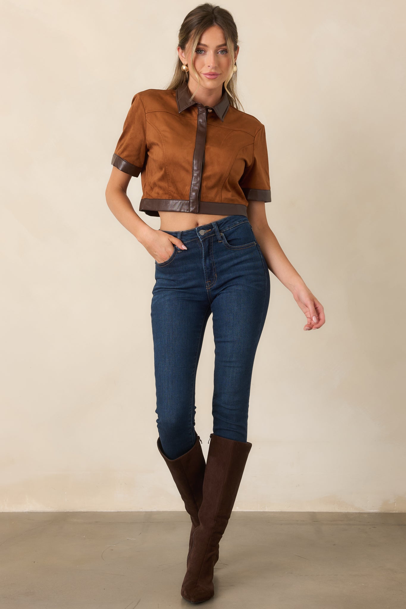 Anna Cate Boston Camel Faux Suede Cropped Top