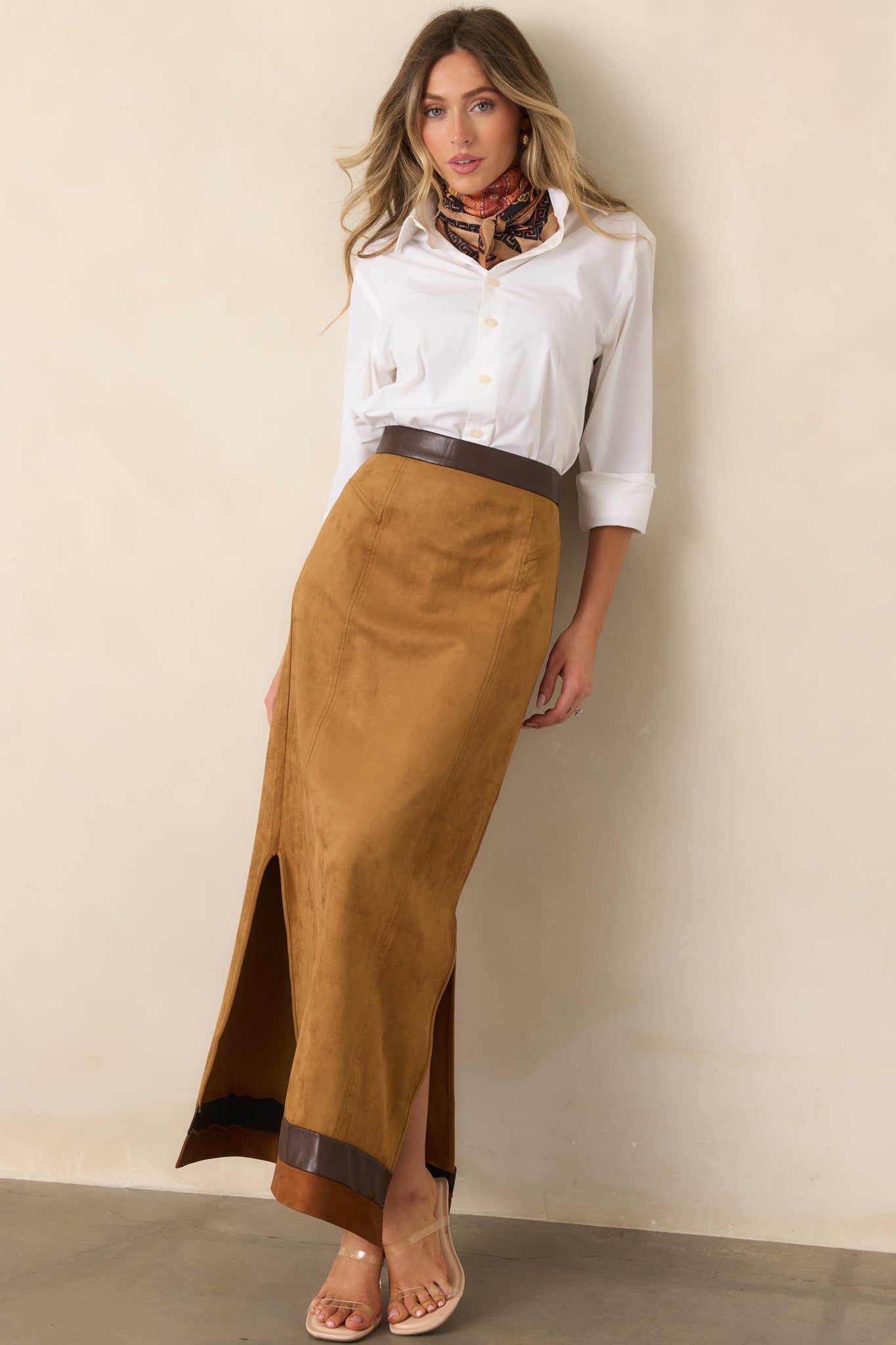 Anna Cate Cassie Camel Faux Suede Maxi Skirt