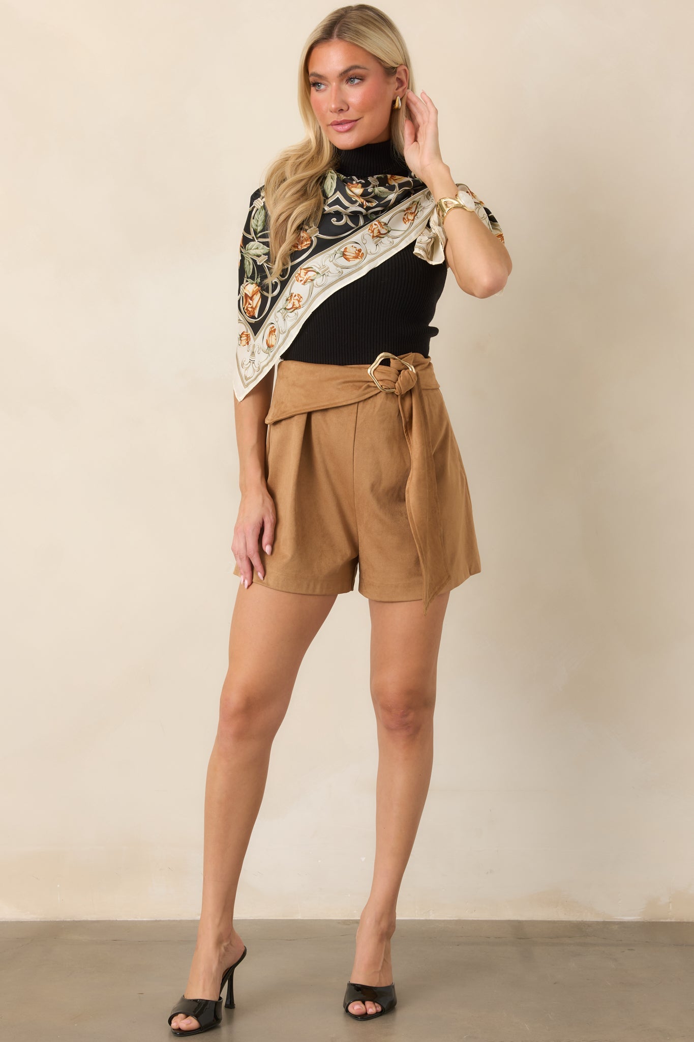 Buckled and Ready Camel Belted Faux Suede Shorts