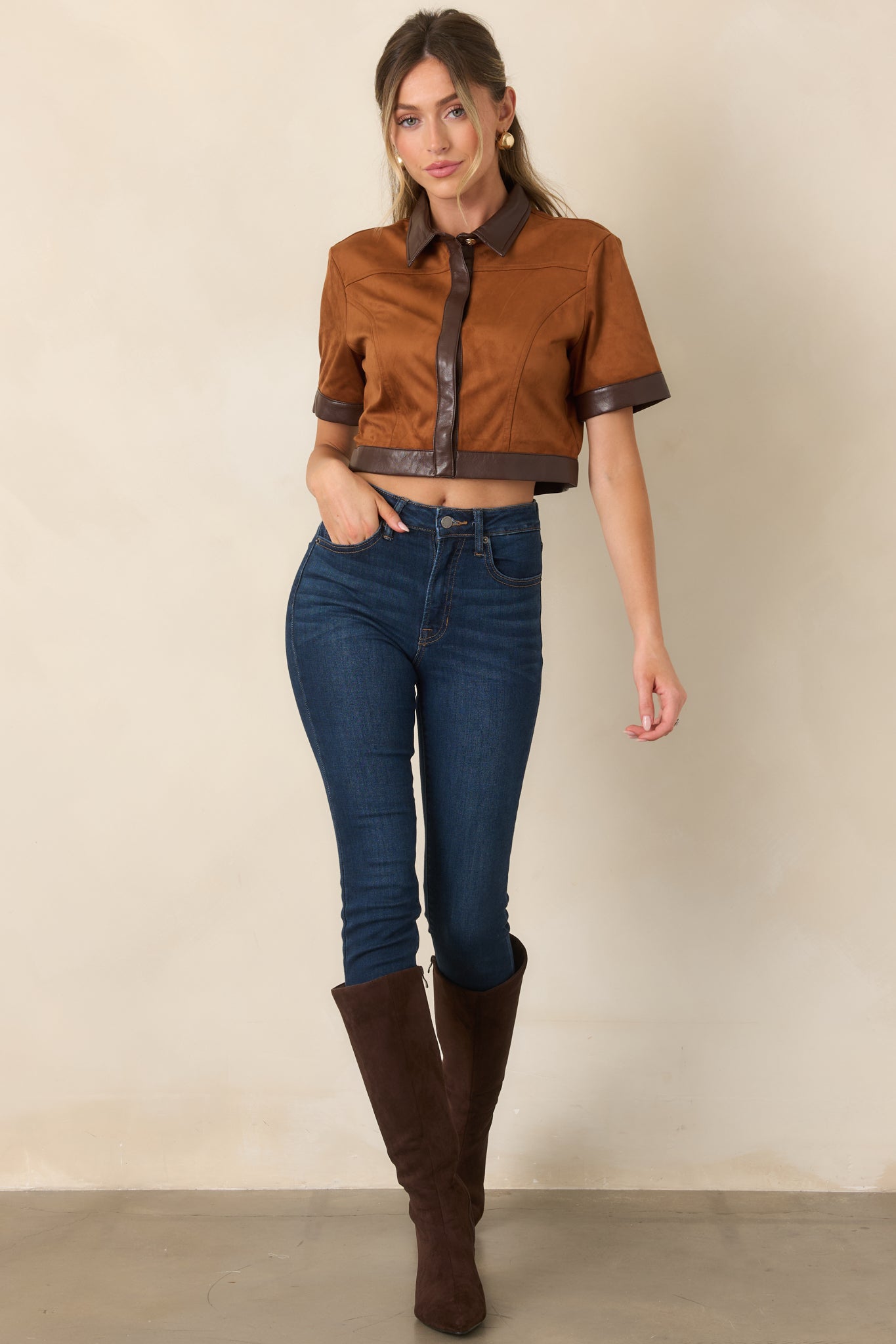 Anna Cate Boston Camel Faux Suede Cropped Top