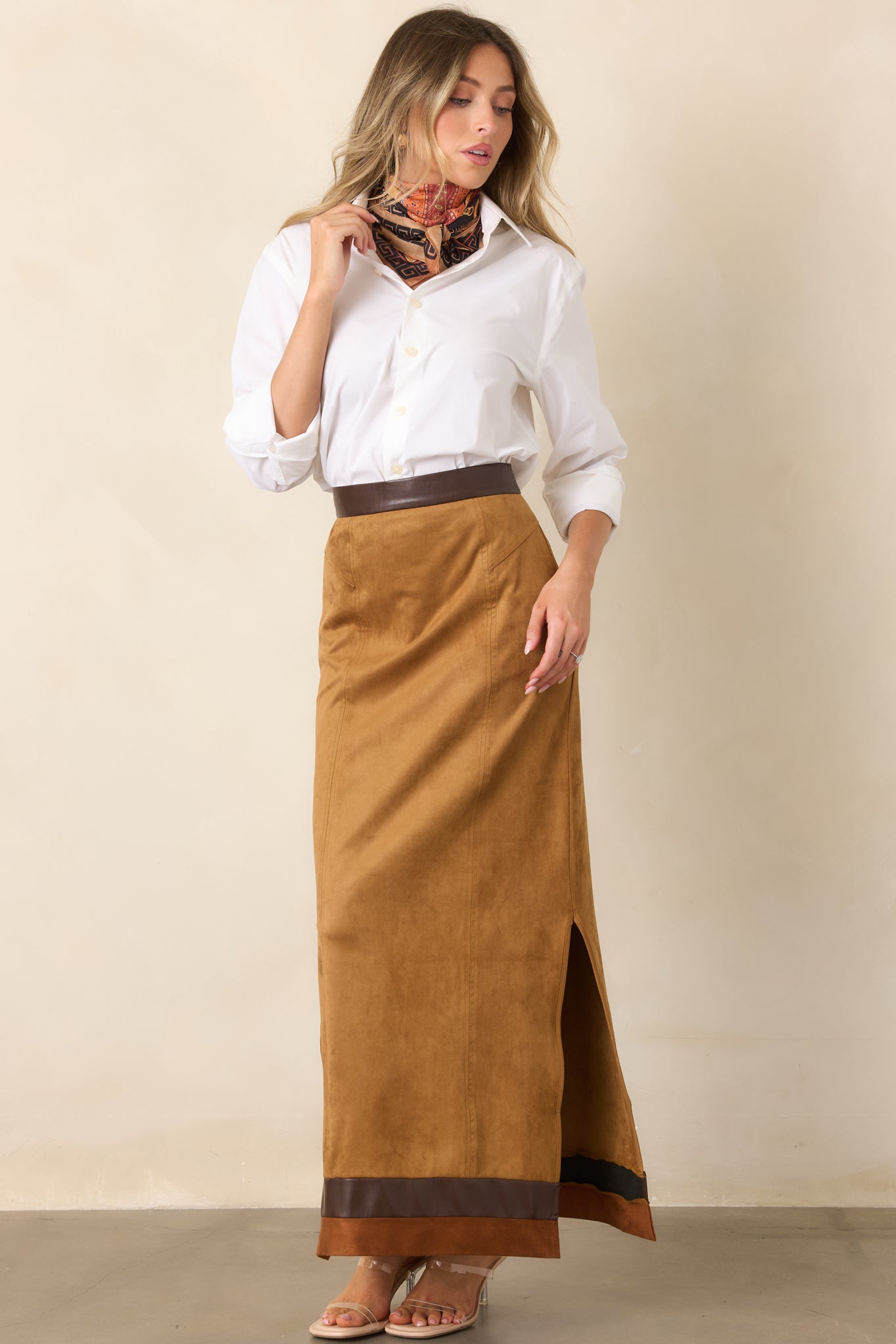 Anna Cate Cassie Camel Faux Suede Maxi Skirt