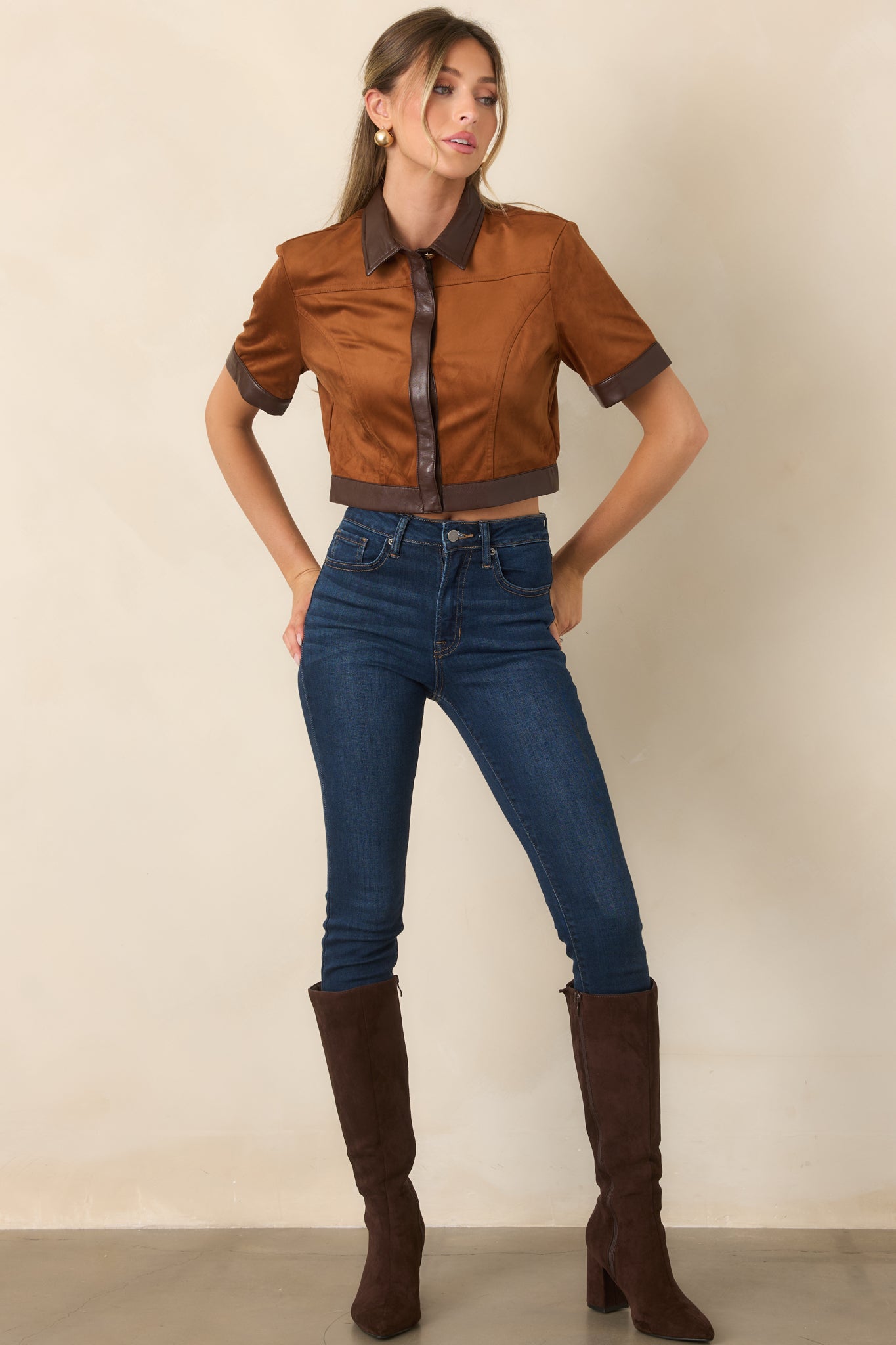 Anna Cate Boston Camel Faux Suede Cropped Top