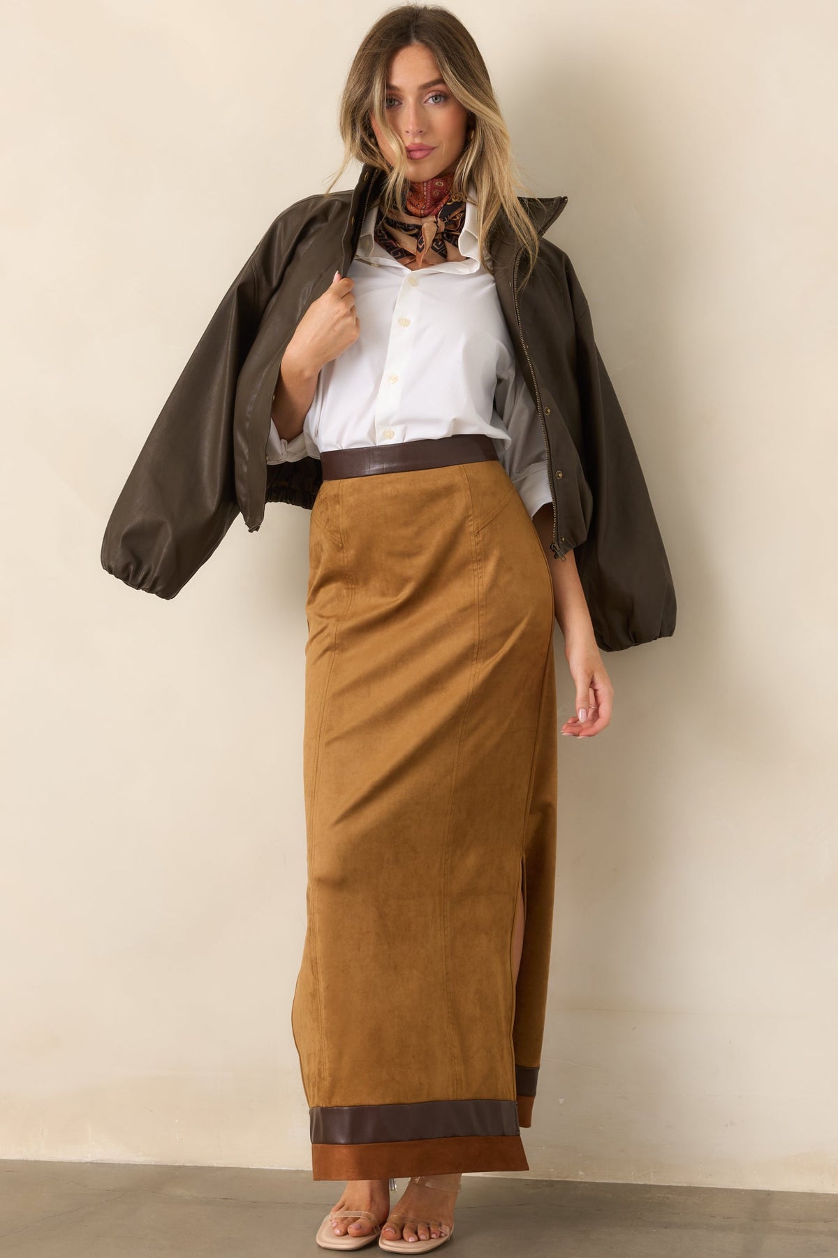 Anna Cate Cassie Camel Faux Suede Maxi Skirt