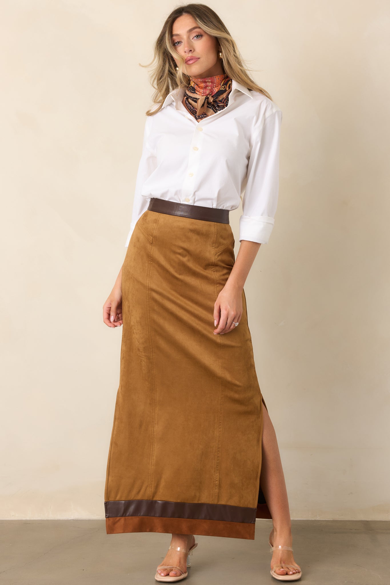 Anna Cate Cassie Camel Faux Suede Maxi Skirt