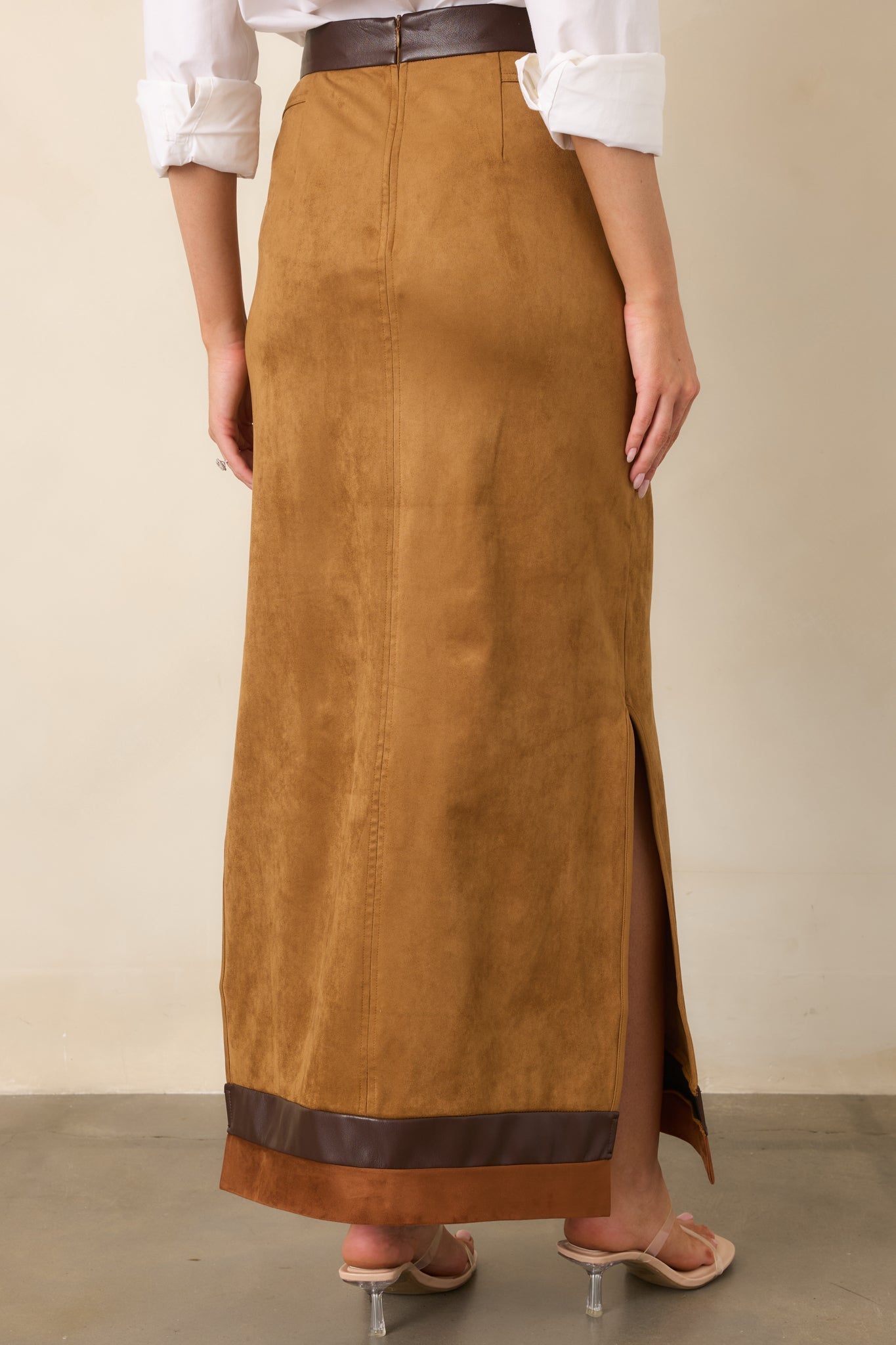 Anna Cate Cassie Camel Faux Suede Maxi Skirt
