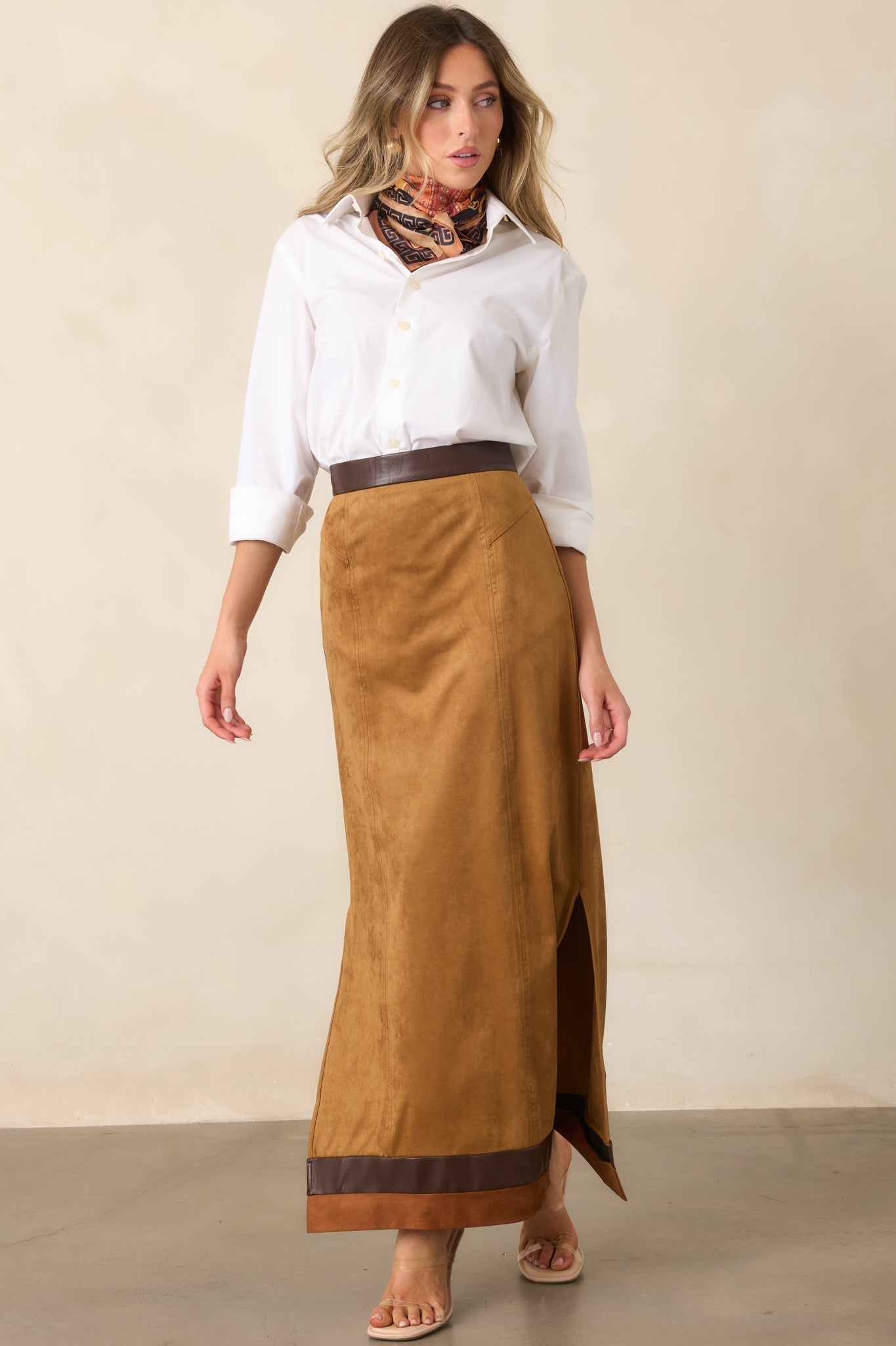 Anna Cate Cassie Camel Faux Suede Maxi Skirt