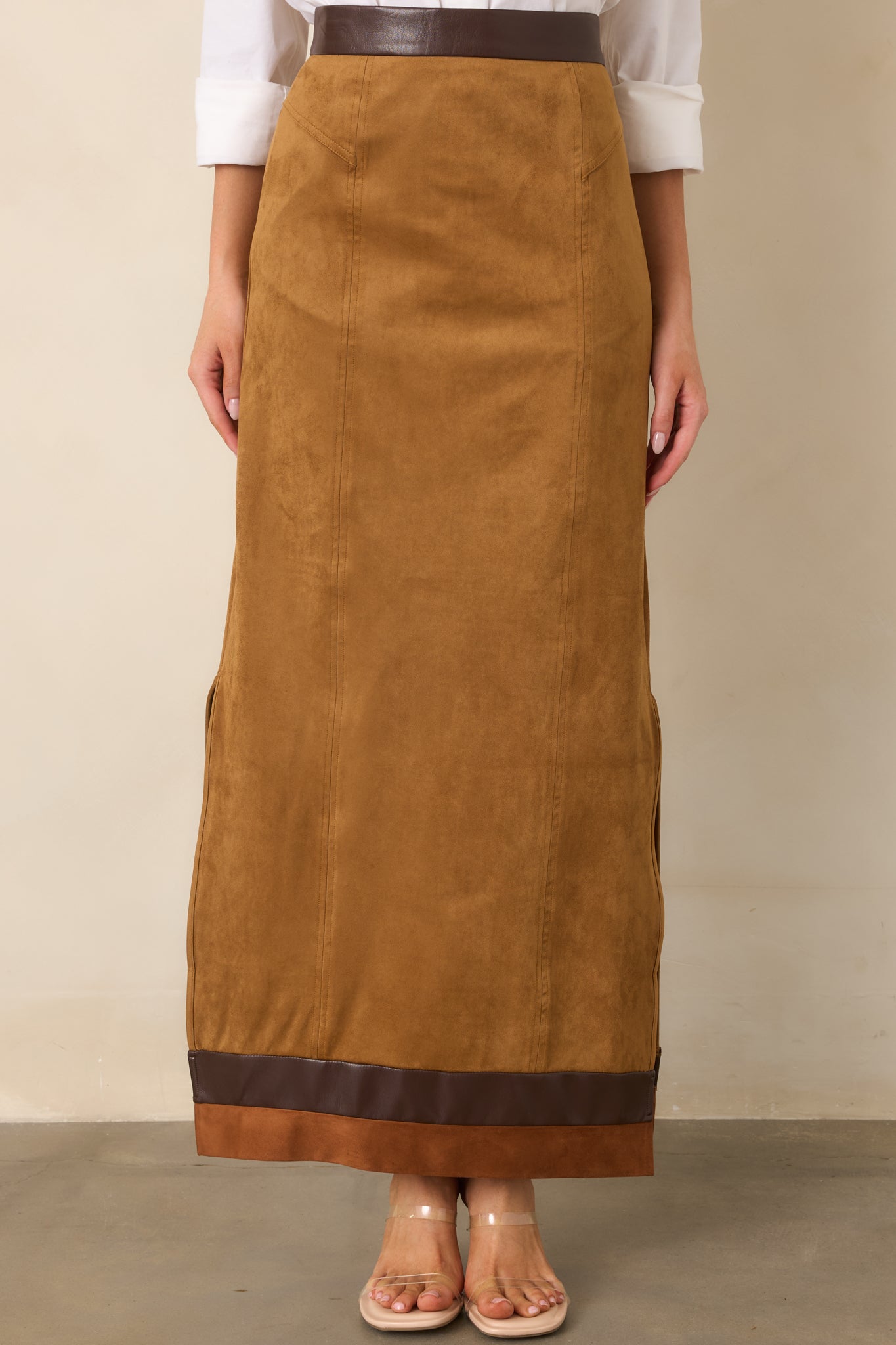 Anna Cate Cassie Camel Faux Suede Maxi Skirt