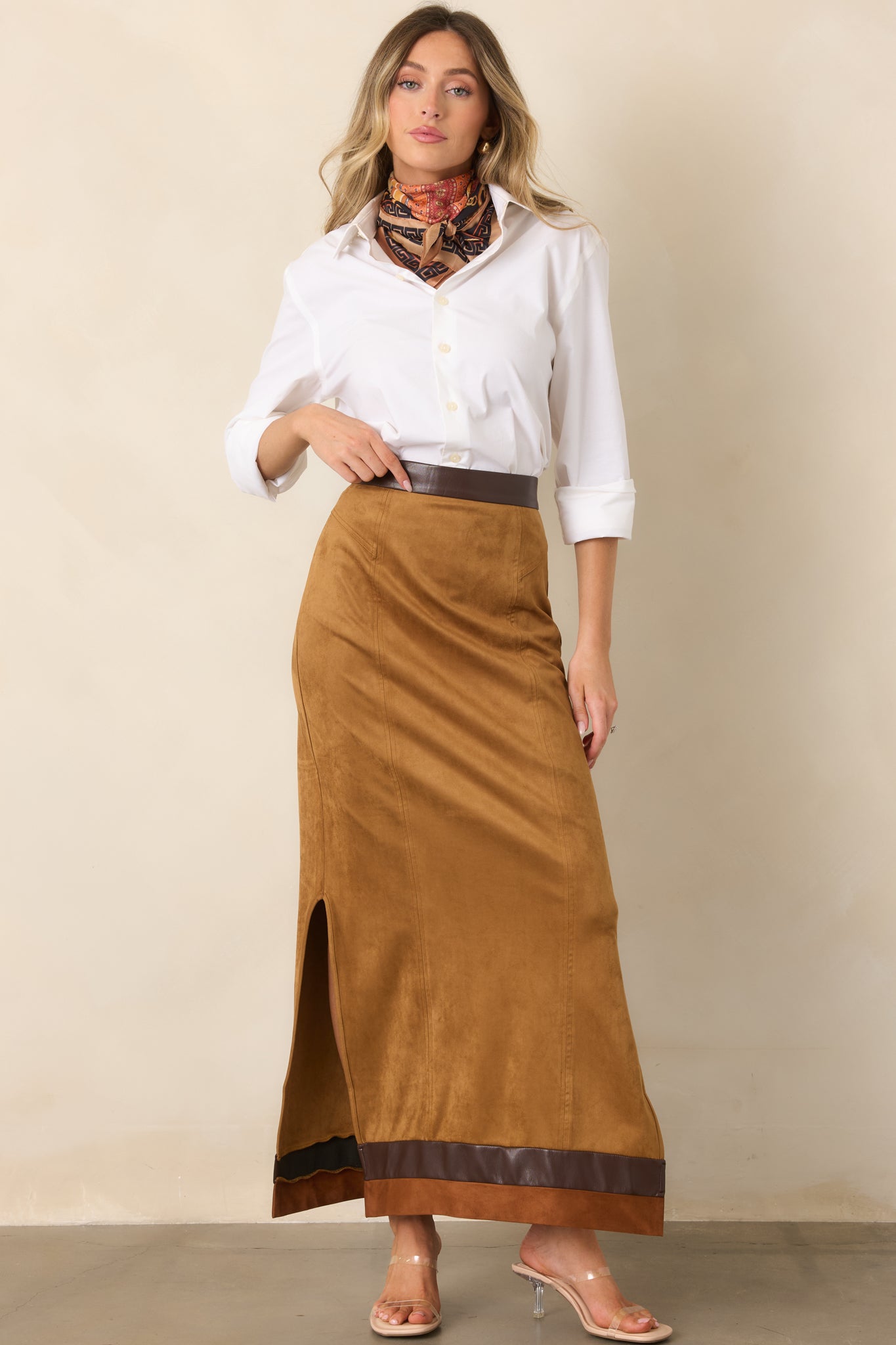 Anna Cate Cassie Camel Faux Suede Maxi Skirt