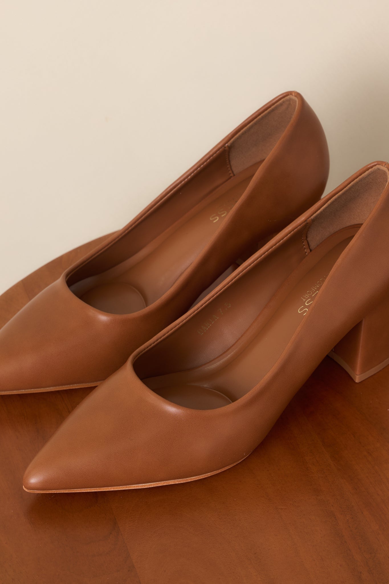 A Step Ahead of You Camel Pointed Toe Block Heel Pumps