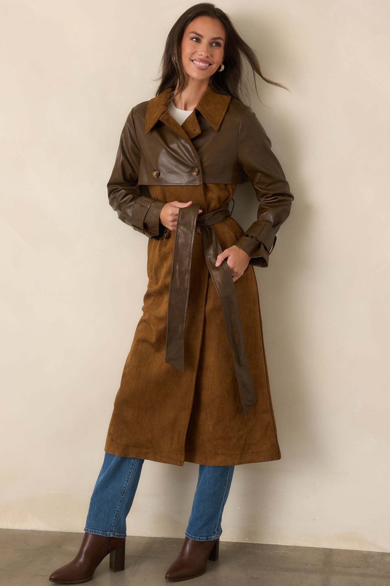 En Saison Yumi Brown Faux Leather Trench Coat
