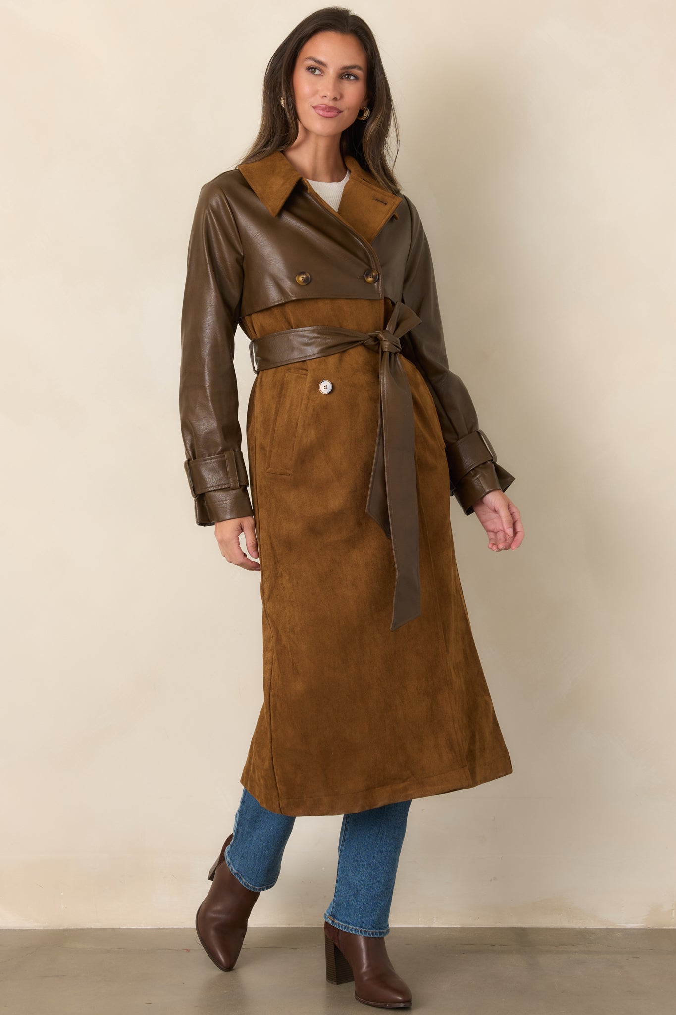 En Saison Yumi Brown Faux Leather Trench Coat