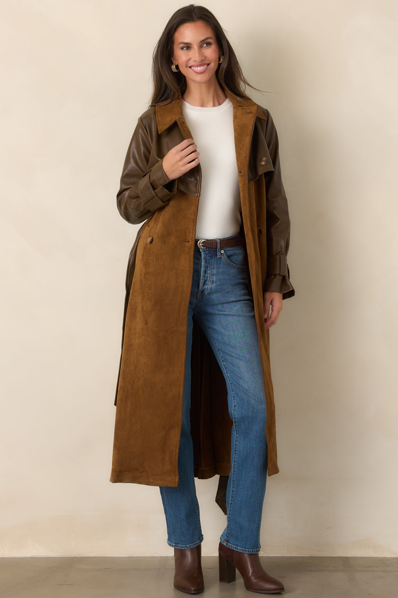 En Saison Yumi Brown Faux Leather Trench Coat