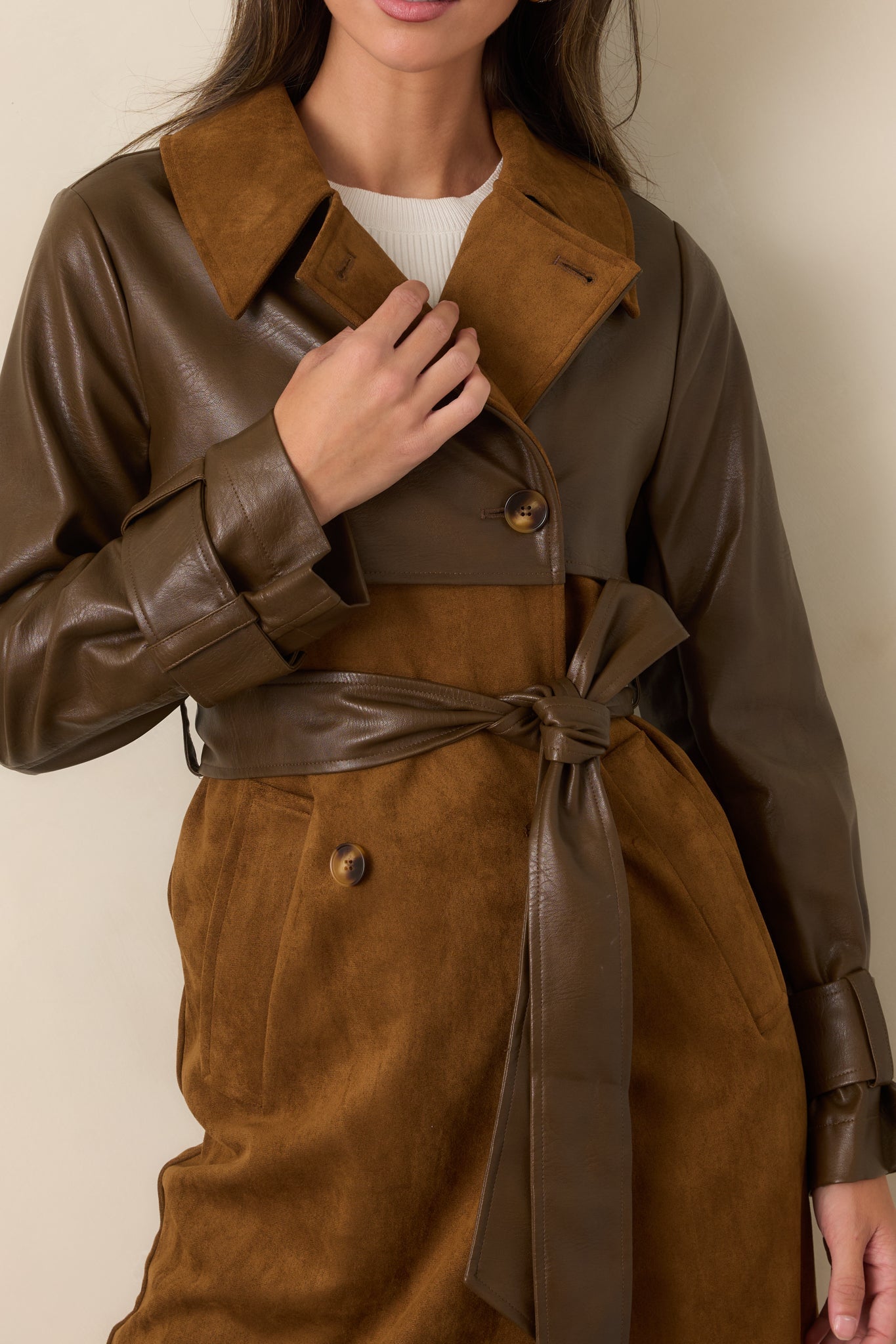 En Saison Yumi Brown Faux Leather Trench Coat