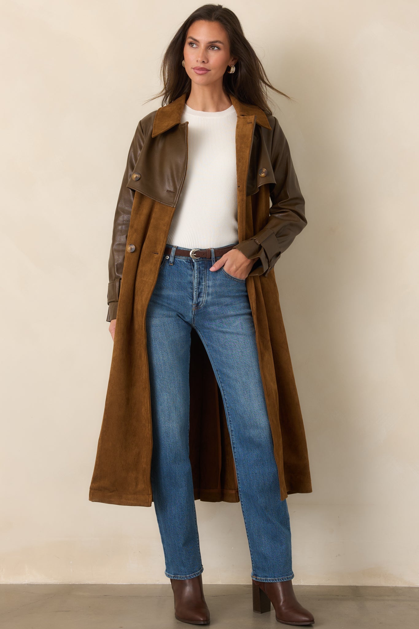 En Saison Yumi Brown Faux Leather Trench Coat