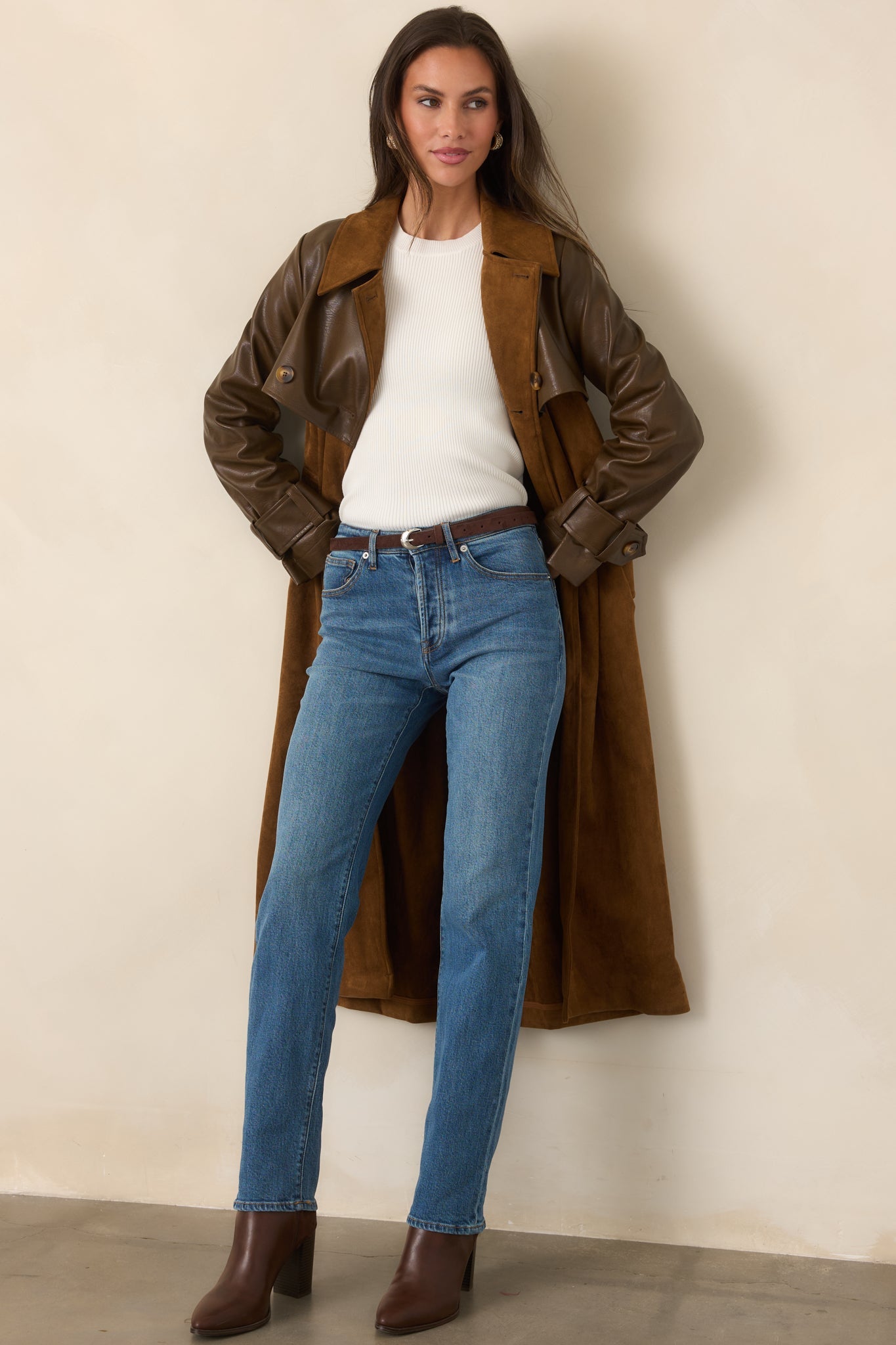 En Saison Yumi Brown Faux Leather Trench Coat