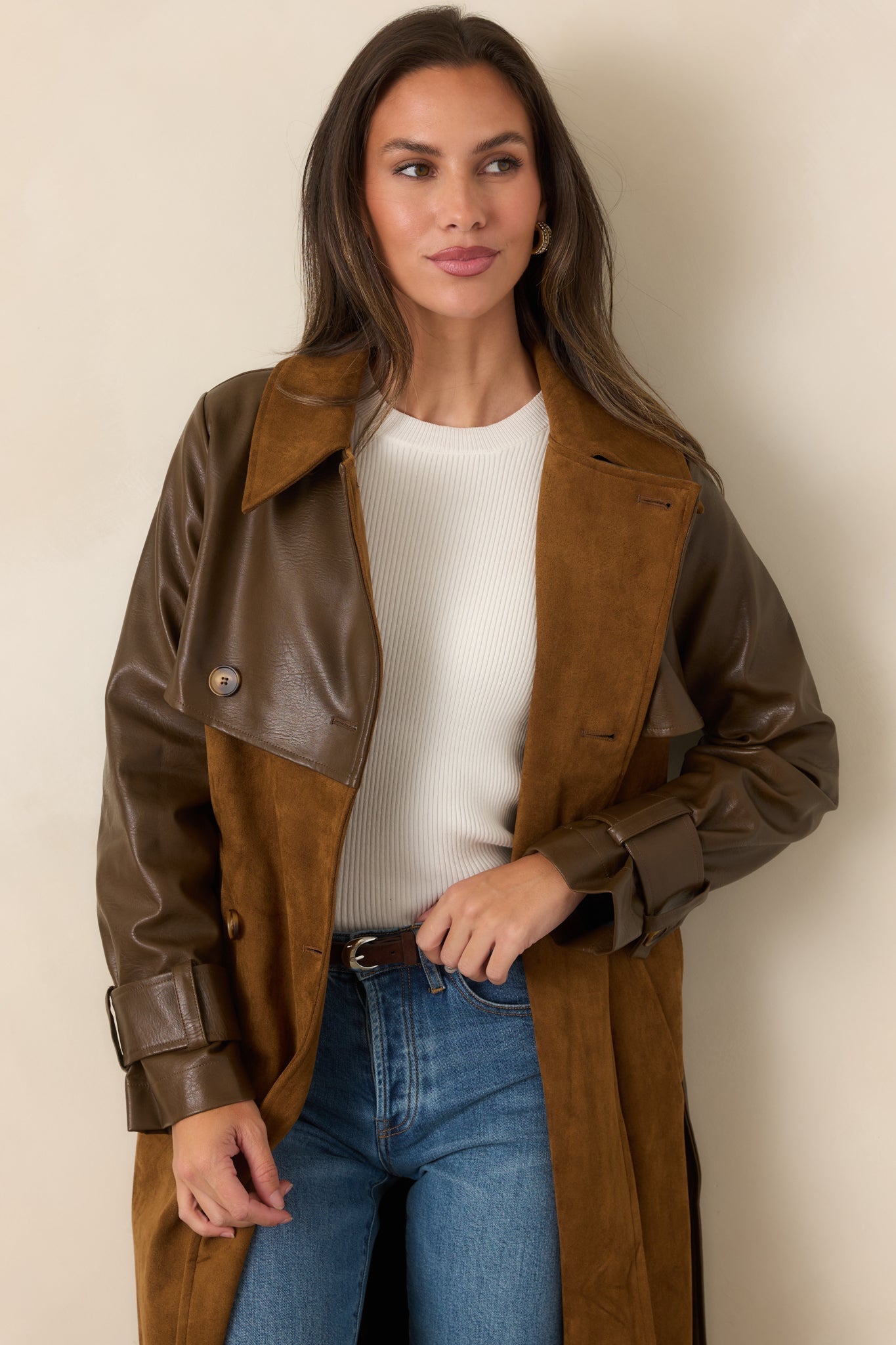 En Saison Yumi Brown Faux Leather Trench Coat