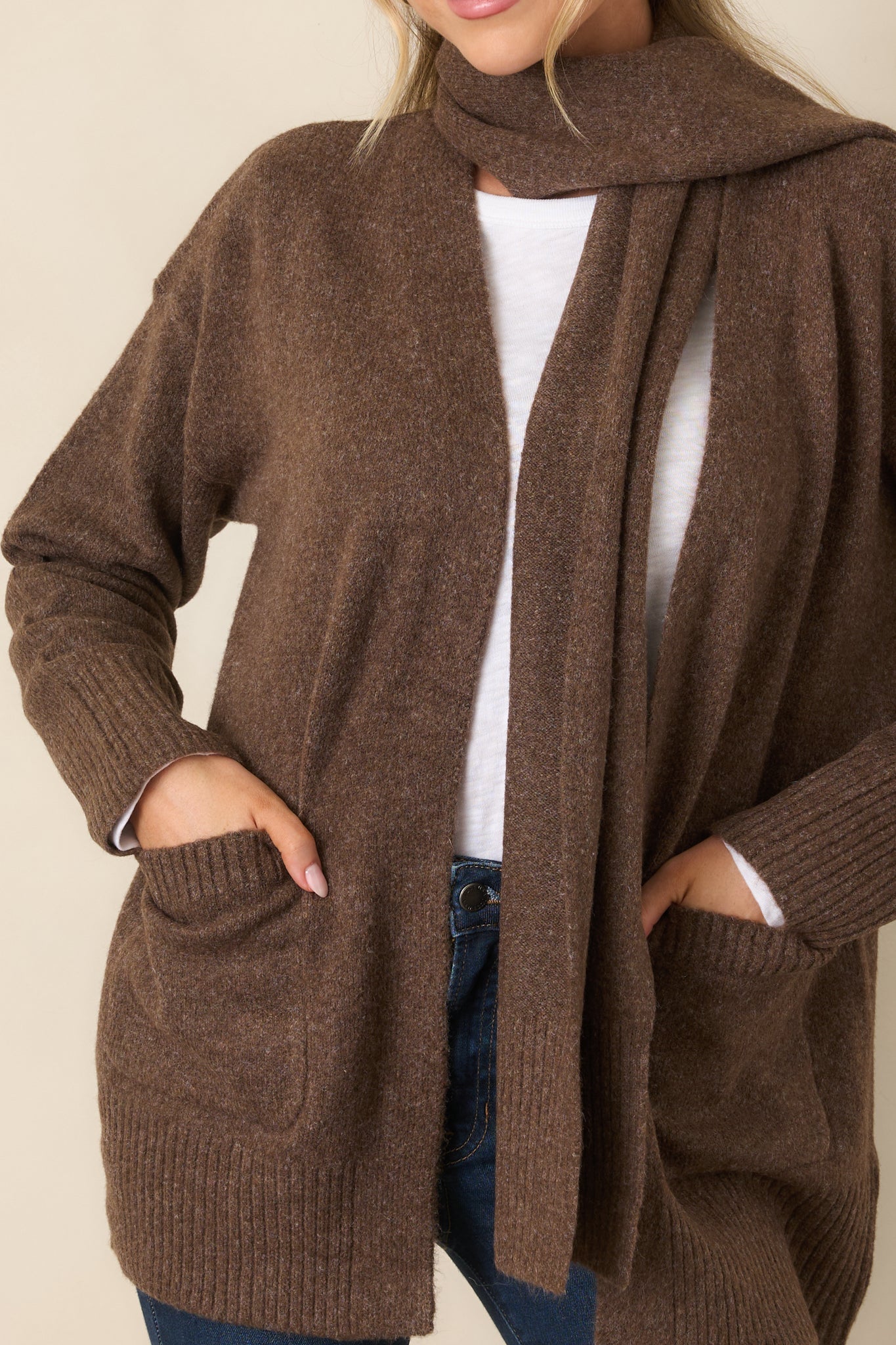 A Well-Knit Plan Dark Mocha Knit Cardigan & Scarf Set