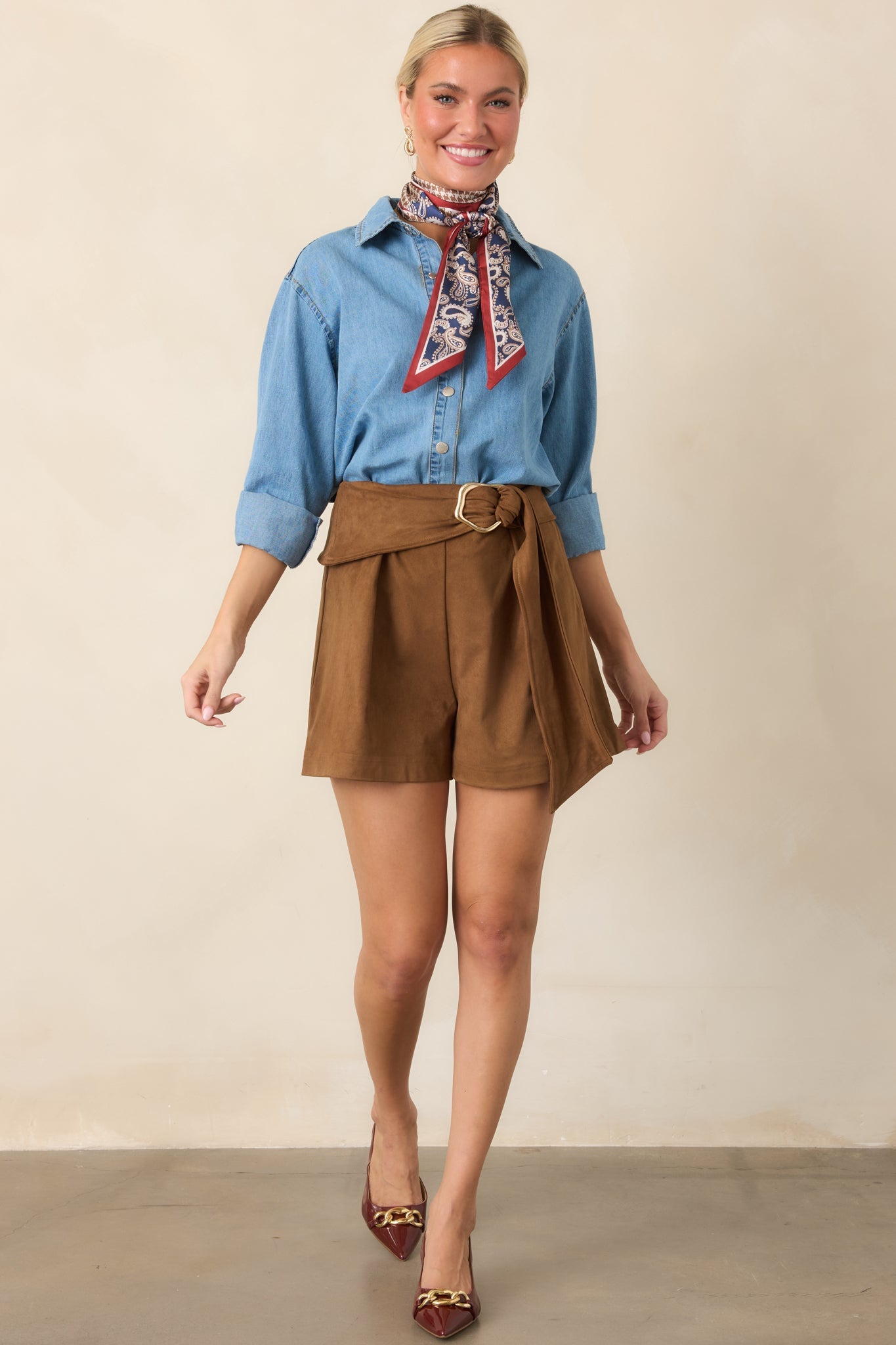 Buckled and Ready Chestnut Belted Faux Suede Shorts
