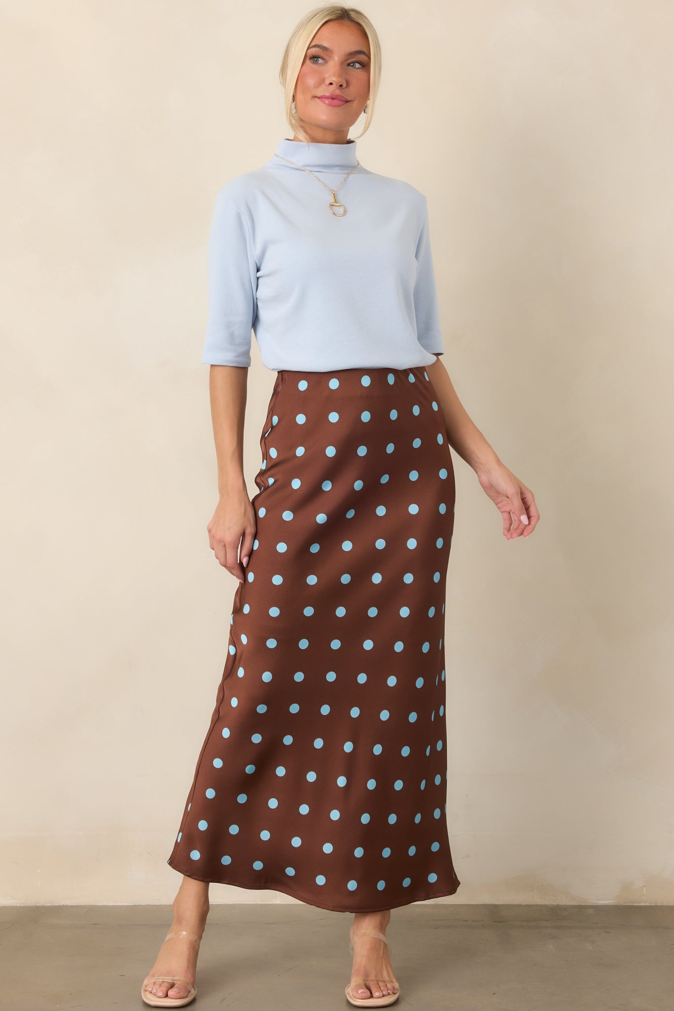 Connect the Dots Chocolate Brown Polka Dot Satin Maxi Skirt