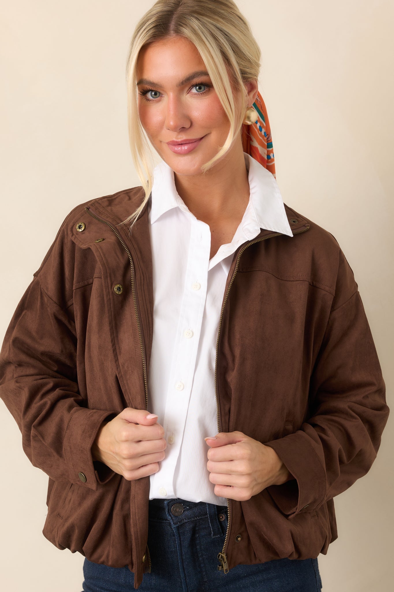 A Smooth Departure Chocolate Brown Faux Suede Bomber Jacket