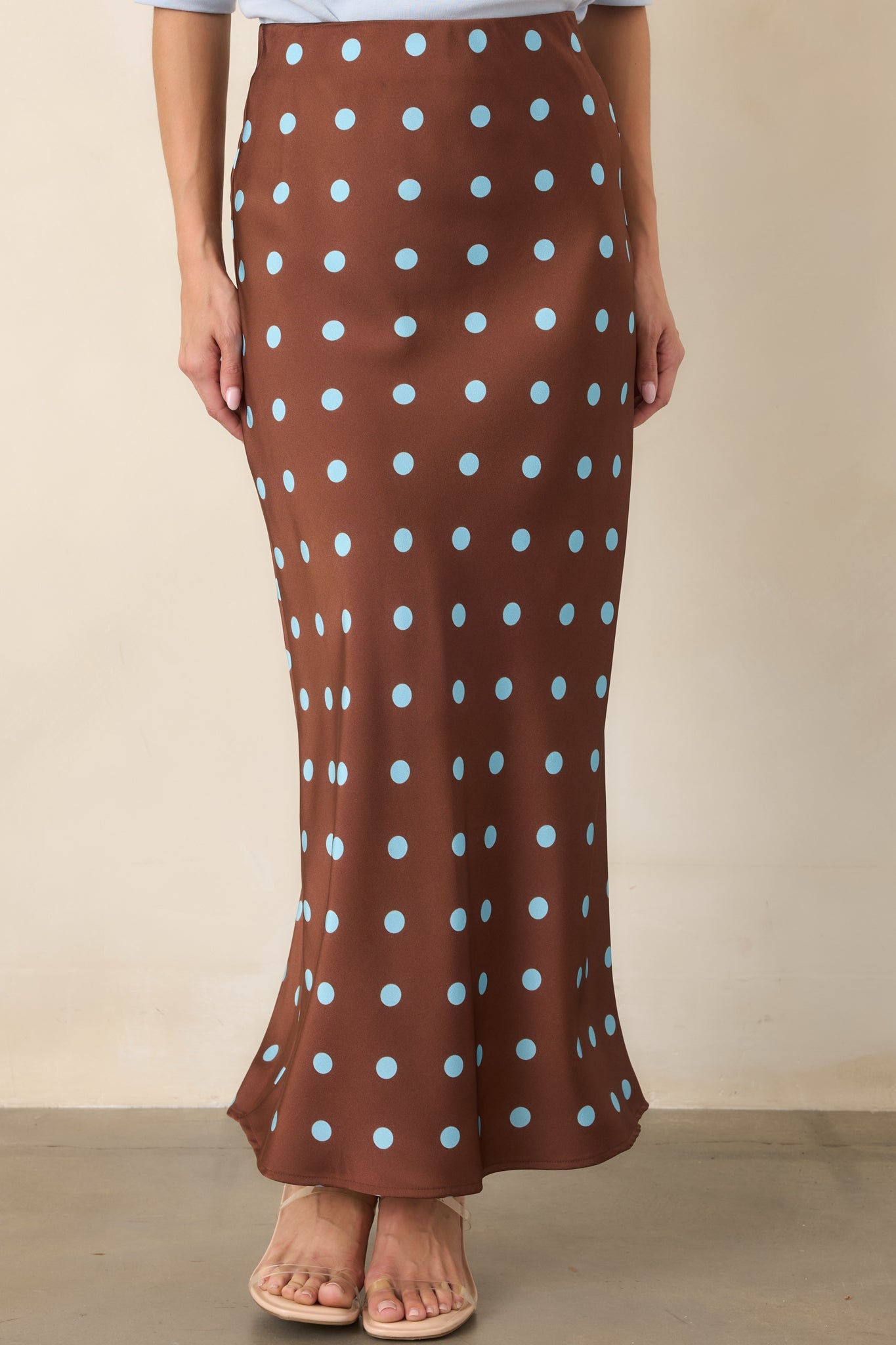 Connect the Dots Chocolate Brown Polka Dot Satin Maxi Skirt