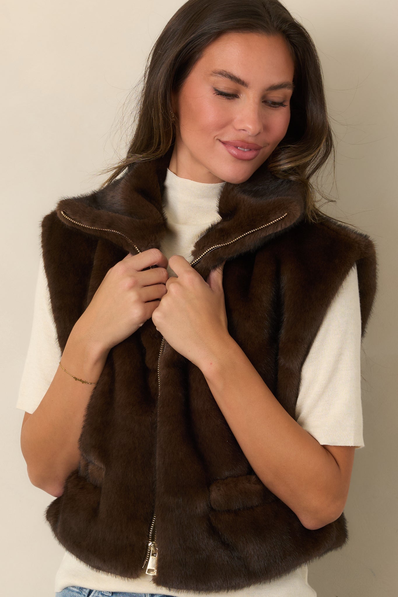 Astrid Montana Brown Faux Fur Zip Front Vest