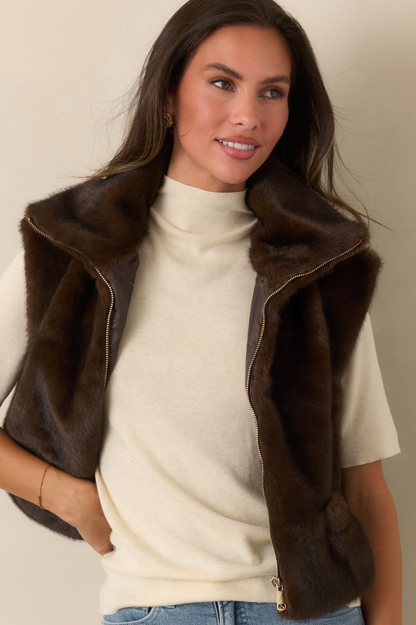 Astrid Montana Brown Faux Fur Zip Front Vest
