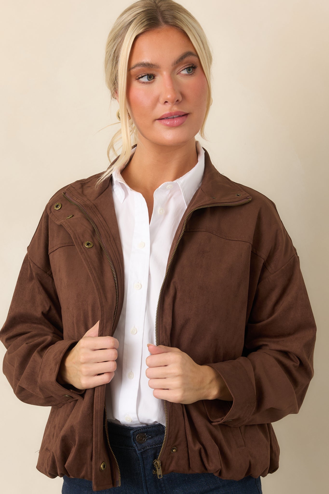 A Smooth Departure Chocolate Brown Faux Suede Bomber Jacket