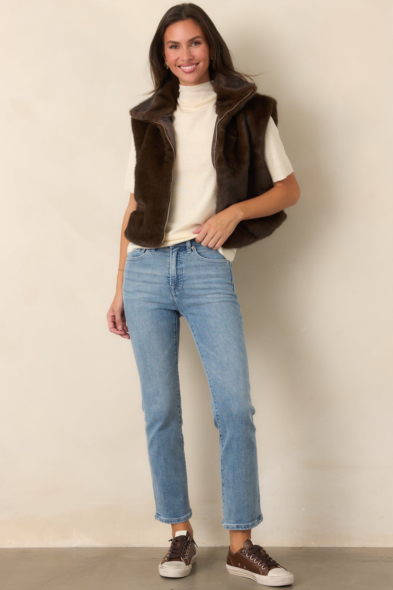 Astrid Montana Brown Faux Fur Zip Front Vest