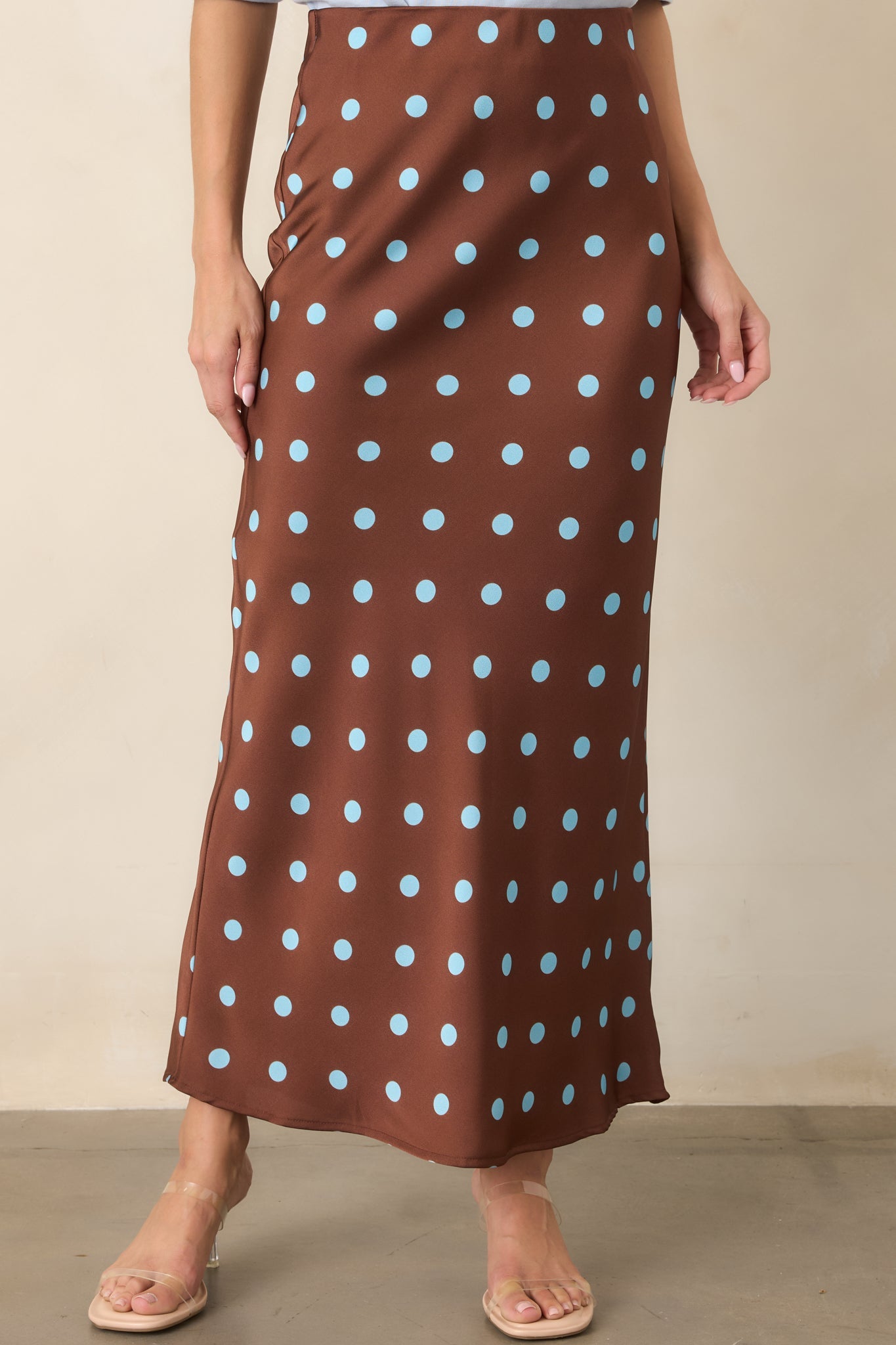 Connect the Dots Chocolate Brown Polka Dot Satin Maxi Skirt