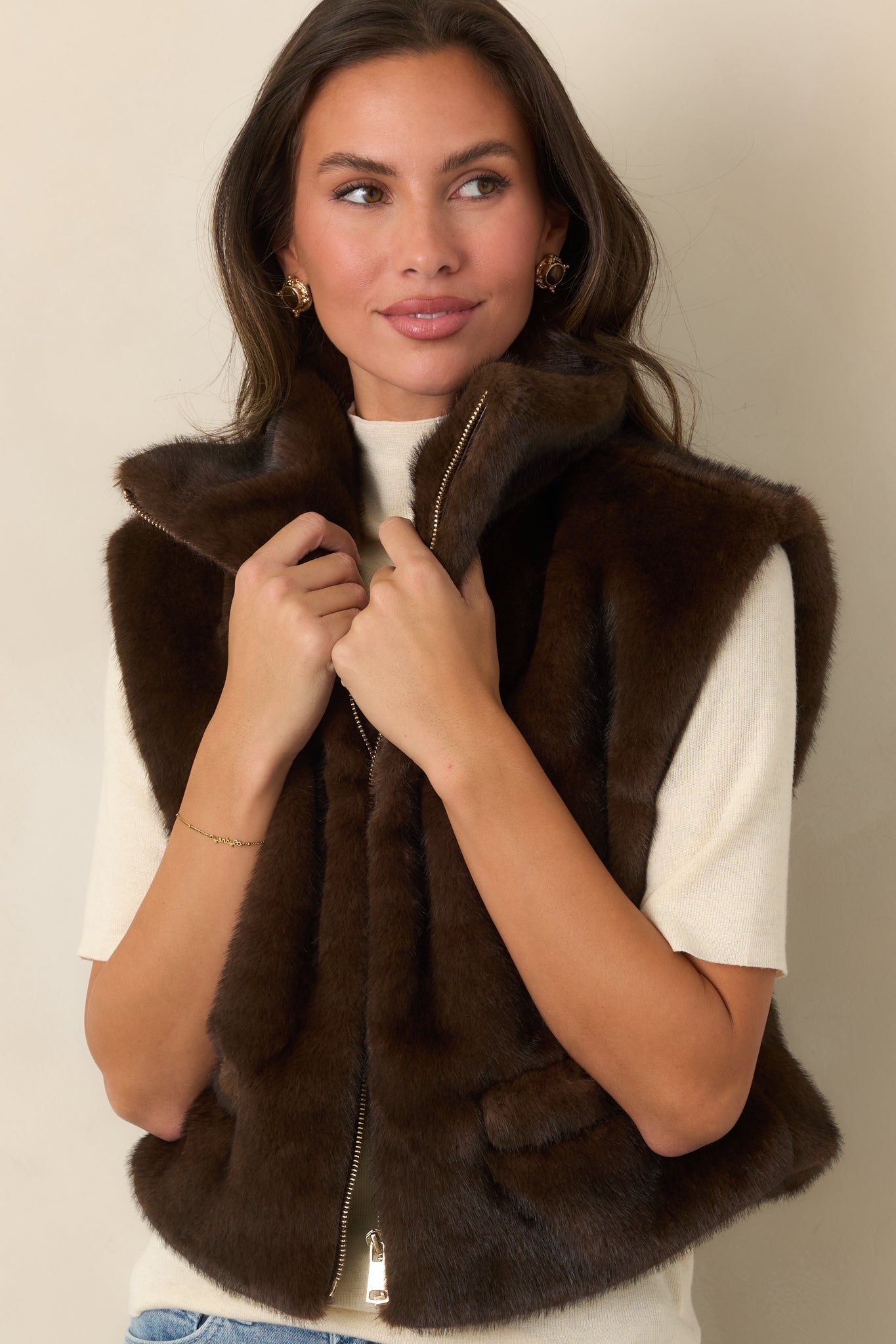 Astrid Montana Brown Faux Fur Zip Front Vest
