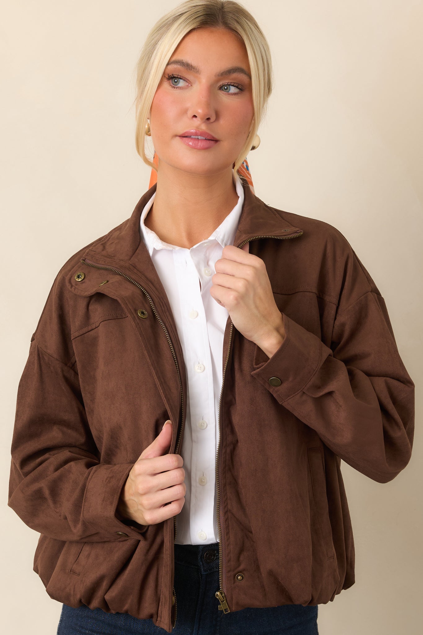 A Smooth Departure Chocolate Brown Faux Suede Bomber Jacket