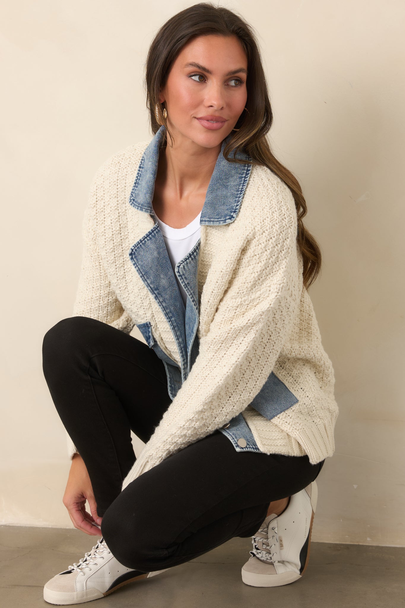 Everything In Between Ivory Knit Denim Jacket