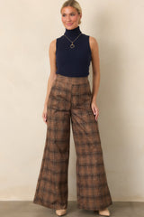 Astrid Mitchel Brown Plaid High Rise Wide Leg Pants