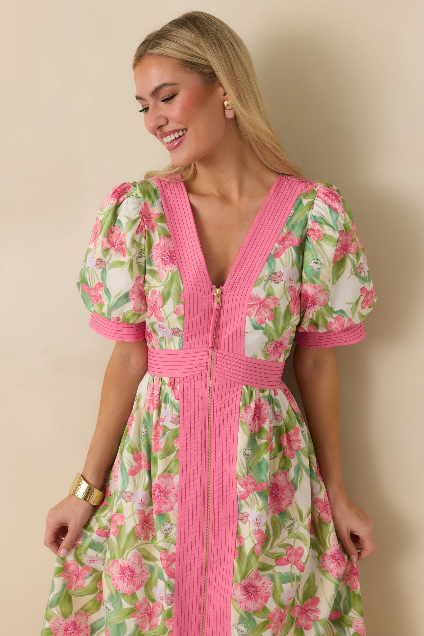 Color Me Floral Pink Multi Floral Print Cotton Zip Front Midi Dress