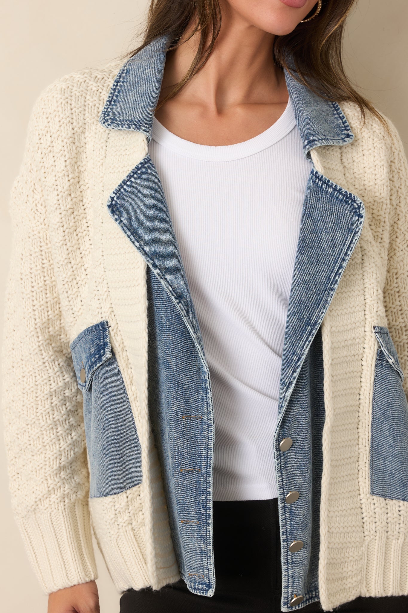 Everything In Between Ivory Knit Denim Jacket