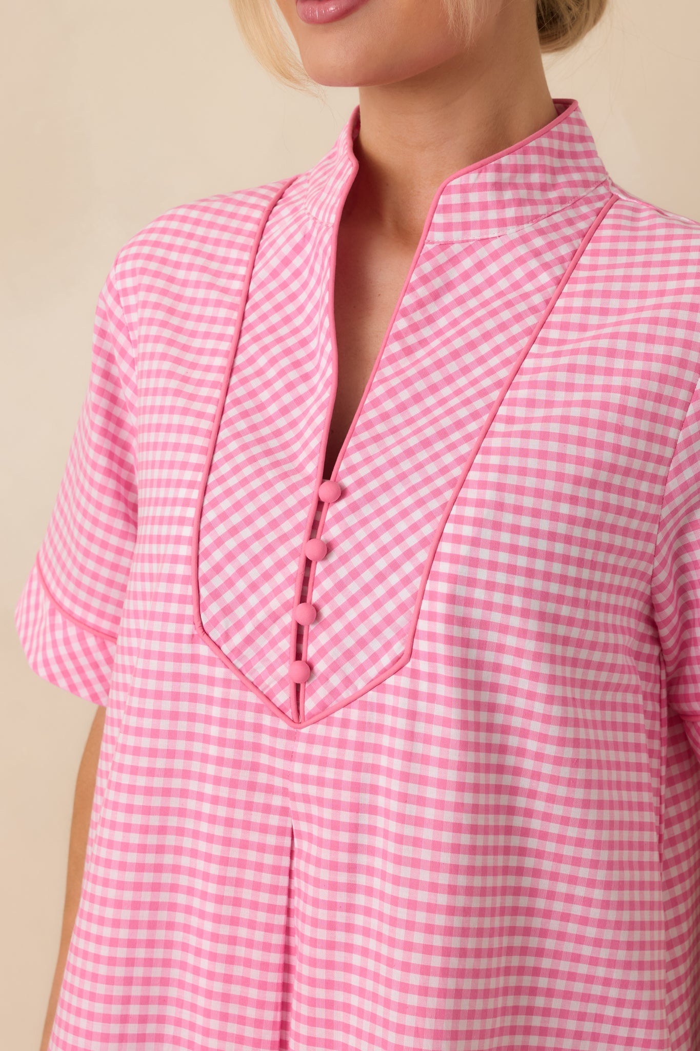Afternoon Plans Pink Gingham Cotton V-Neck Maxi Dress