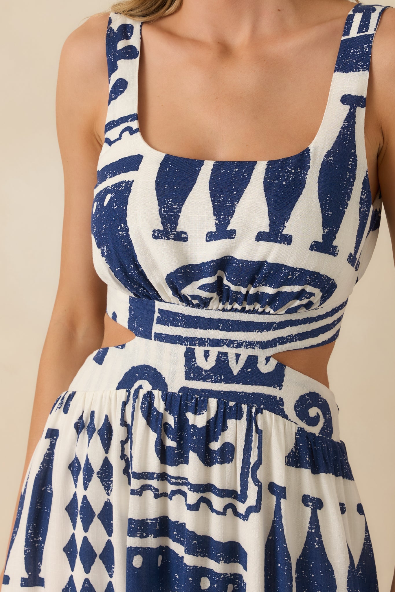 Aegean Dreams Navy & White Mediterranean Cut-Out Tie-Back Maxi Dress
