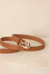 Always in Place Cognac Brown Woven Texture Faux Leather Belt