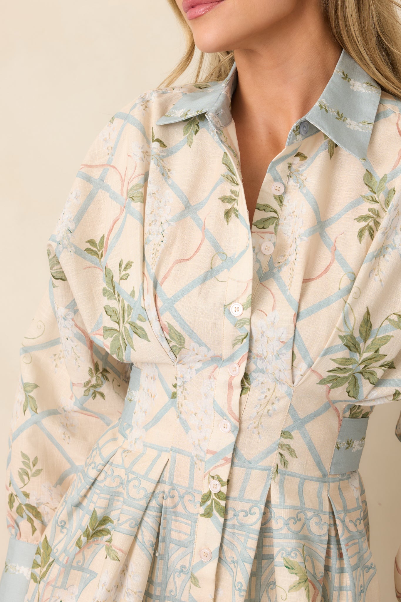 En Saison Georgina Ivory Floral Lattice Textured Mini Shirt Dress